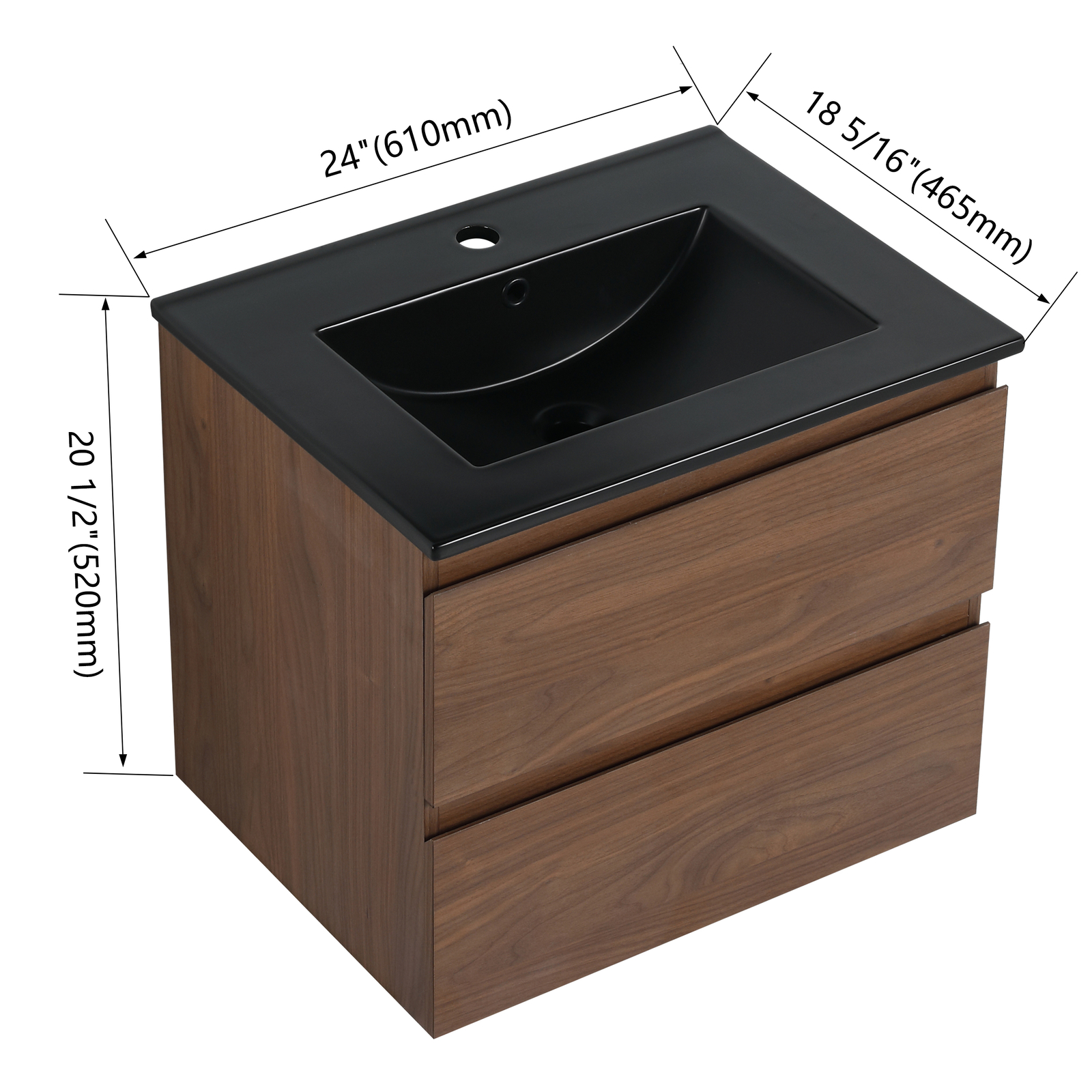 24in Wall Mounted Floating Cabinet Bathroom Vanity Cabinet 2 Drawers +Black Sink