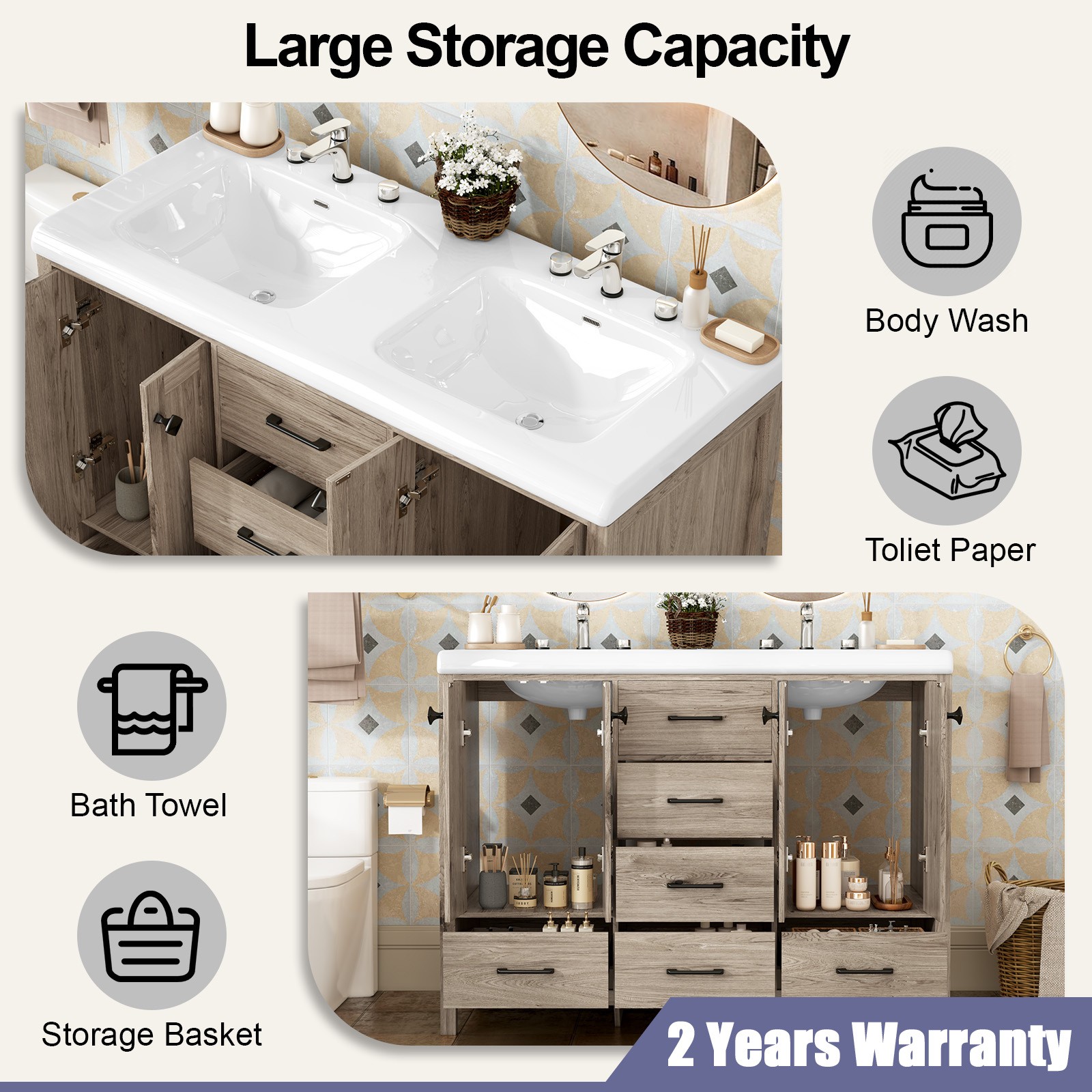 Bathroom Vanity Cabinet with Double Sink Vanity with Ceramic Sink Freestanding