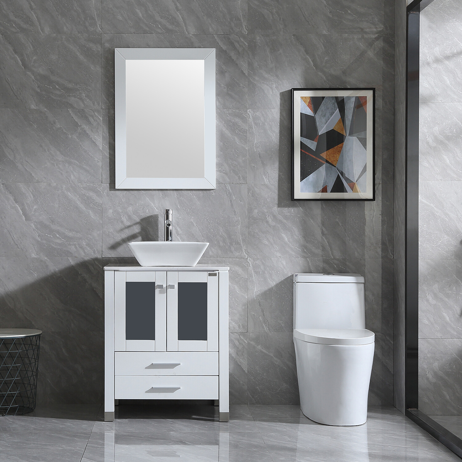 24″ Bathroom Vanity Single Basin Ceramic Sink Set with Faucet Mirror Combo white