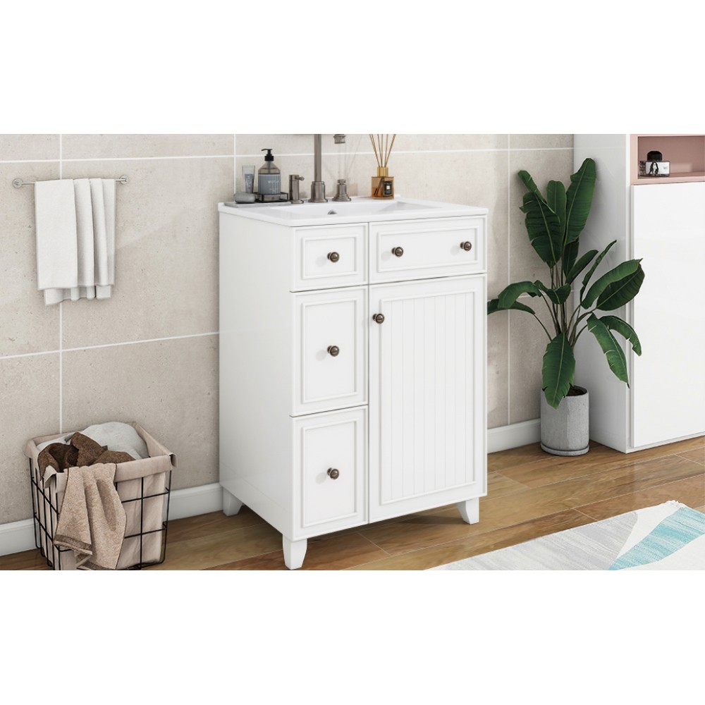 24-Inch Bathroom Vanity Cabinet with Ceramic Sink, 2 Drawers, 1 Door