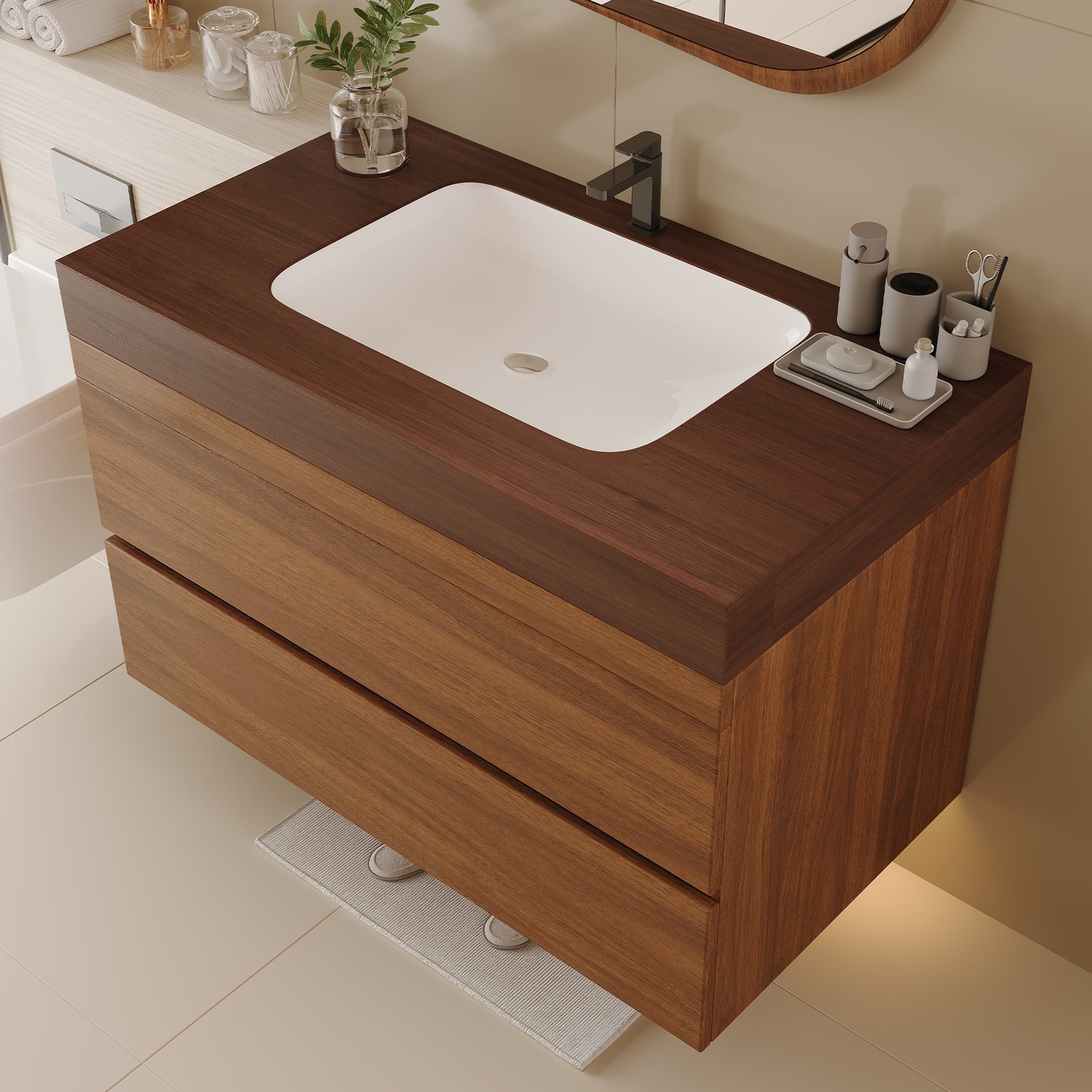 29.9″ Floating Bathroom Vanity with Marble Top and Ceramic Sink