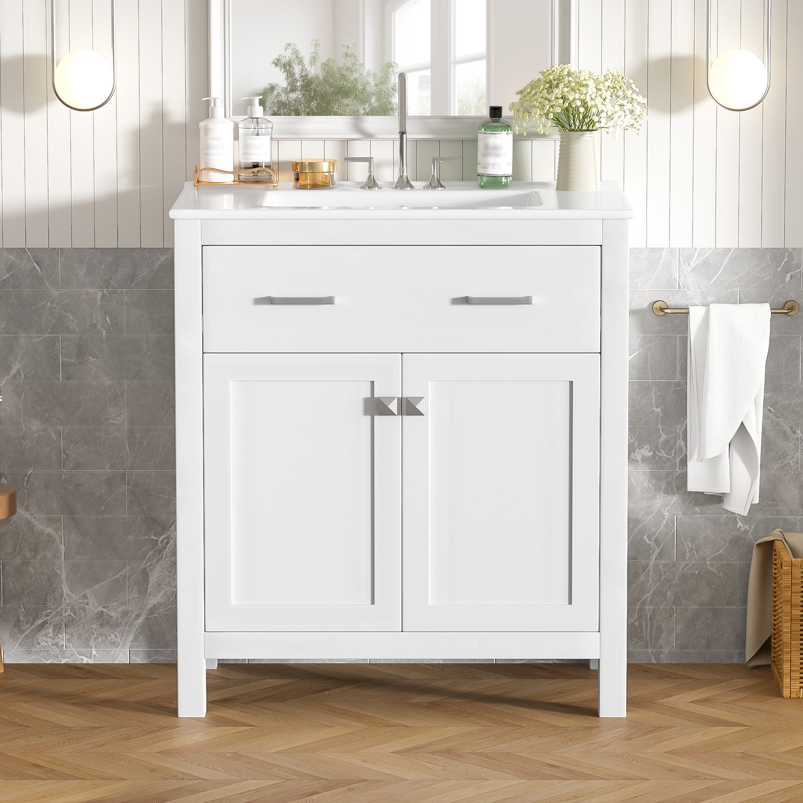 30-inch Bathroom Vanity with Ceramic Sink, Modern White Single Bathroom Cabinet