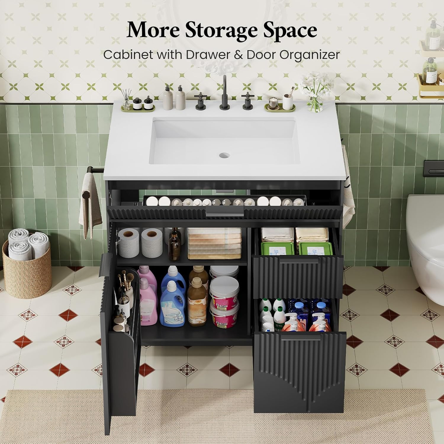31″ Fluted Bathroom Vanity with Sink, Freestanding Bathroom Cabinet with Door St