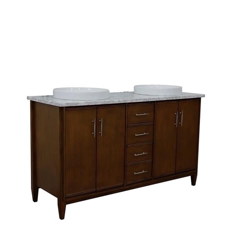 Pemberly Row 61″ Double Round Sink Vanity with White Marble Stone in Walnut