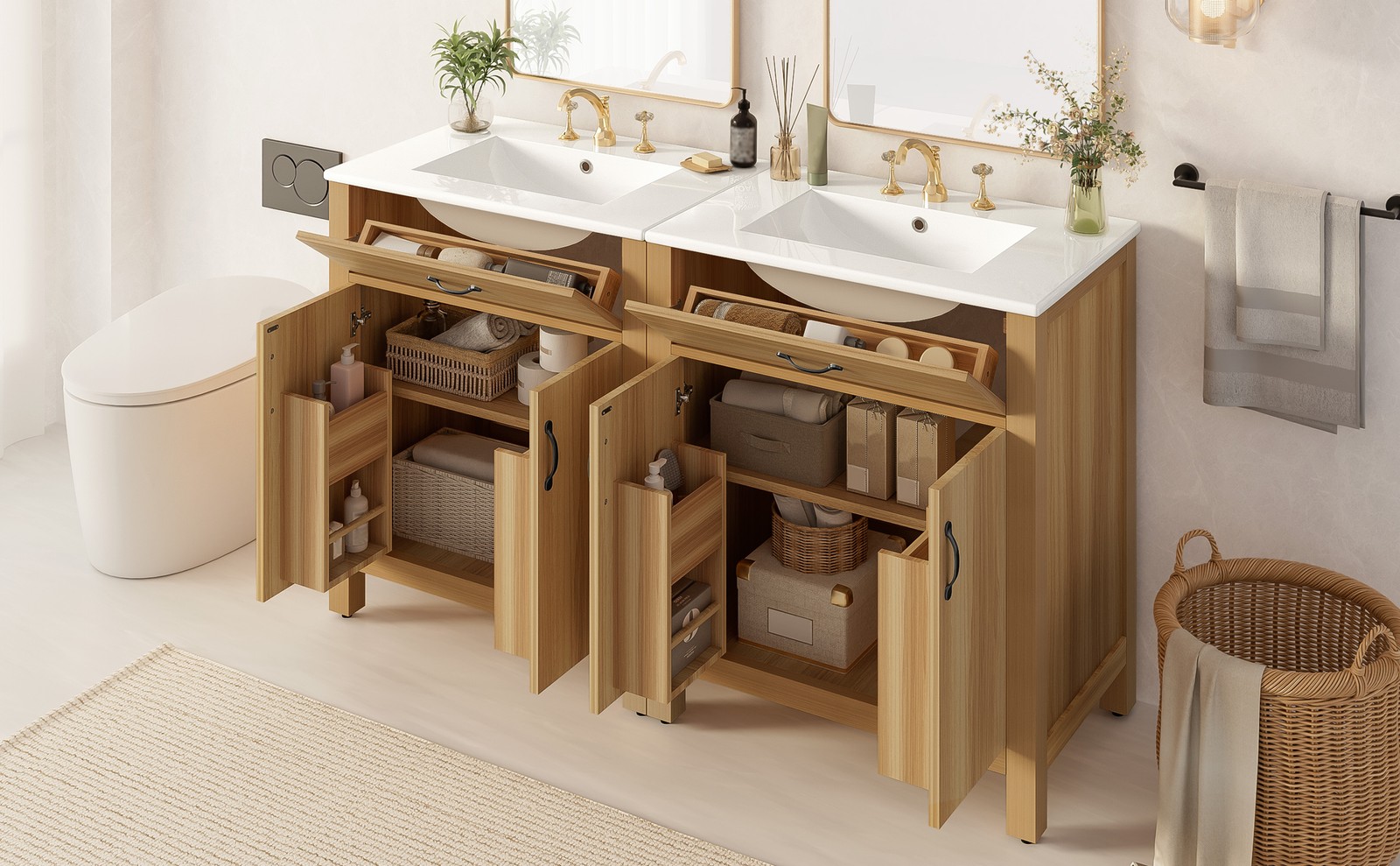60″ Wood Bathroom Vanity with Solid Wood Frame, 4 Soft Close Doors,2 Flip Drawer