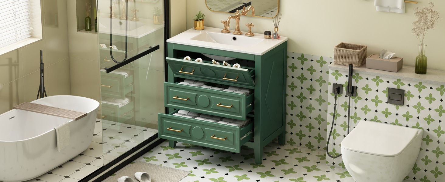 30″ Green Bathroom Vanity with Ceramic Sink, 3 Drawers, Solid Wood