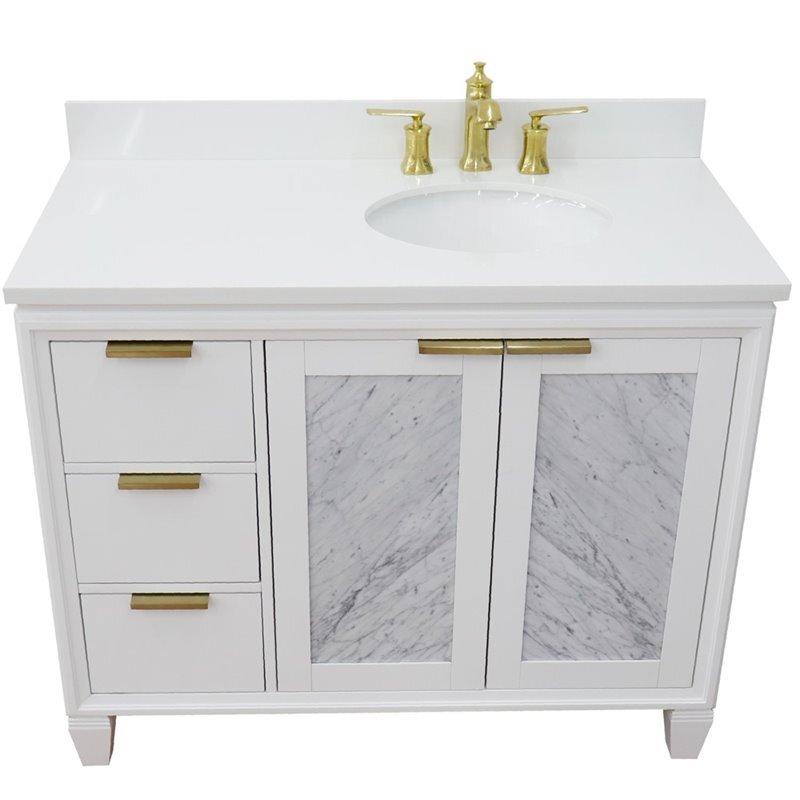 Trento 43″ Solid Wood Vanity with Right Oval Sink in White Quartz Stone