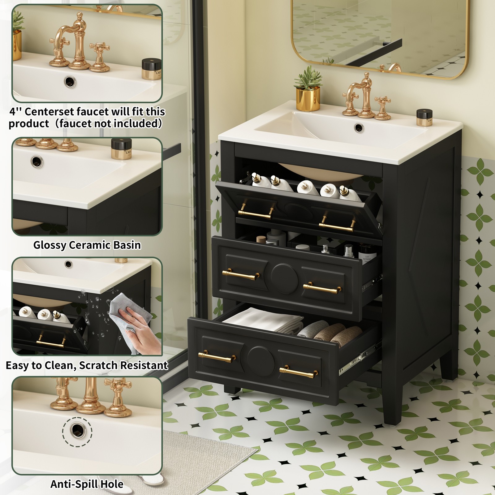 24” Bathroom Vanity with Ceramic Sink, 3 Drawers, Solid Wood Frame Retro Black