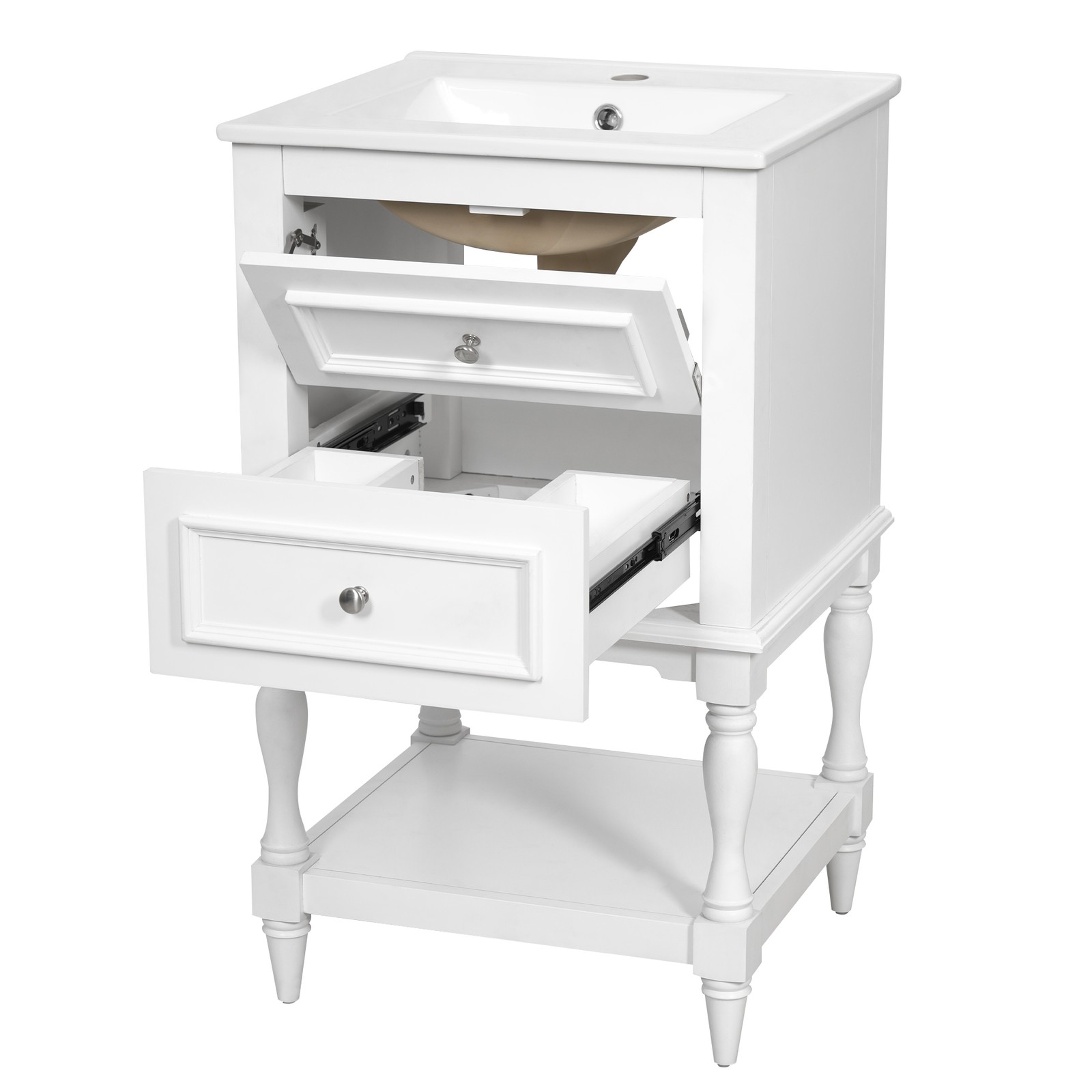 20″ Bathroom Vanity with Ceramic Sink, 2 Drawers & Open Shelf, Retro Design