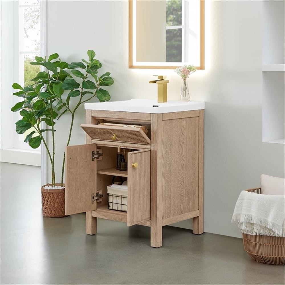 Pemberly Row 24″ Wood Vanity in Natural Oak Ceramic Integrated Sink no Mirror