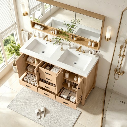 59.3″ Modern Bathroom Vanity w/4 Doors & 3 Drawers, Hidden Drawer Slides Wood