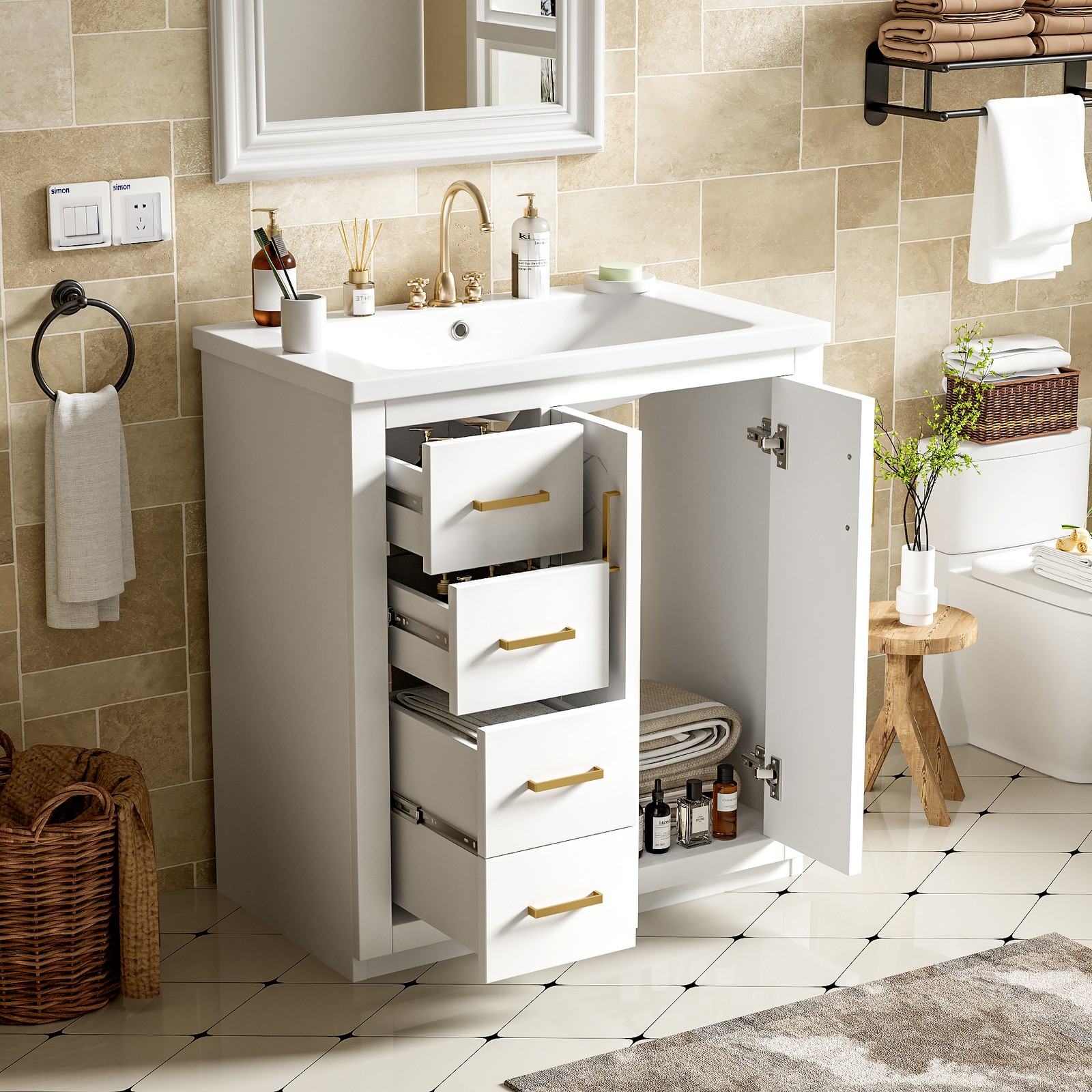 30” Bathroom Vanity with Ceramic Sink Combo,Solid Wood Frame Bathroom Cabinet