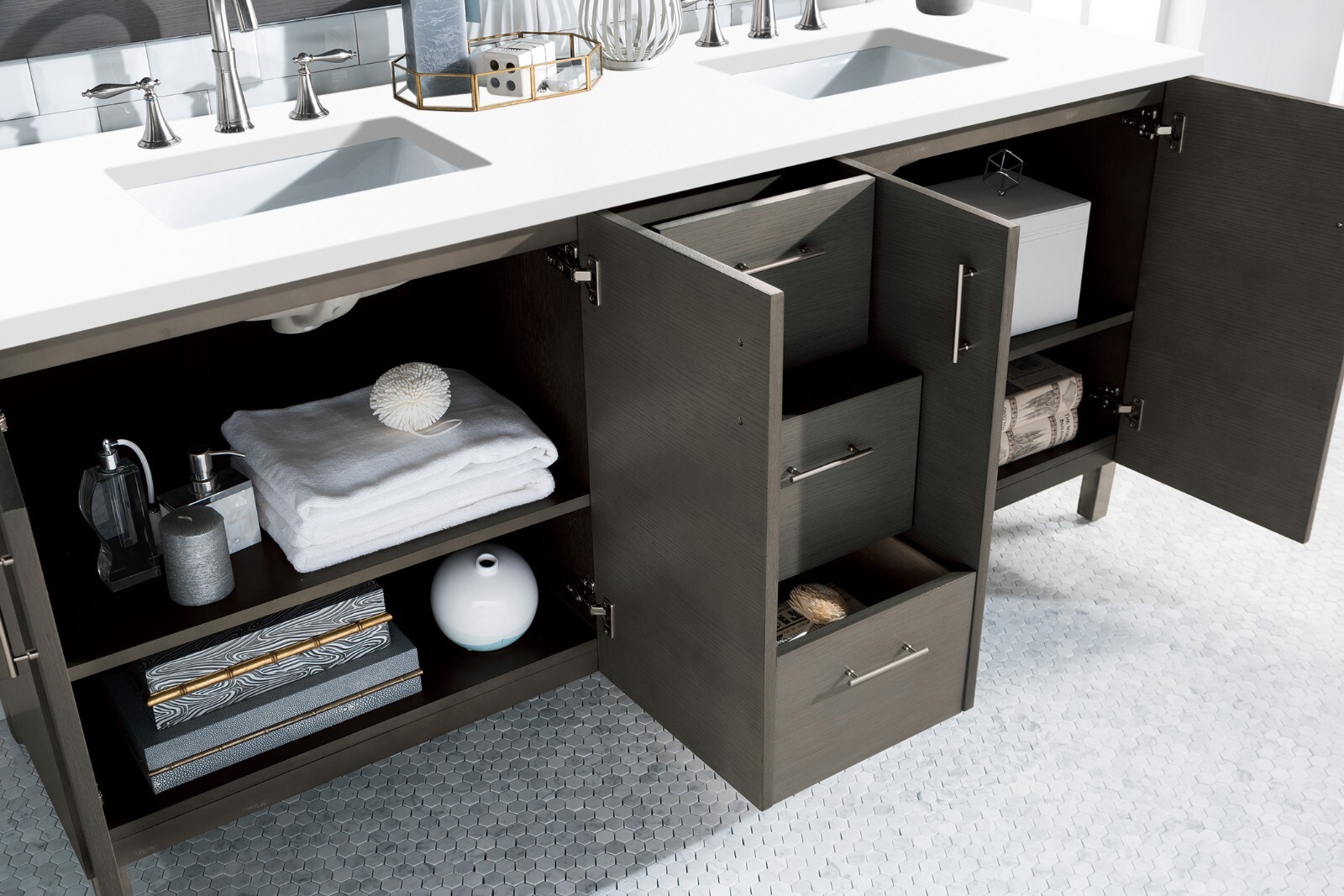 72″ JAMES MARTIN METROPOLITAN SILVER OAK DOUBLE BATHROOM VANITY + WHITE QUARTZ