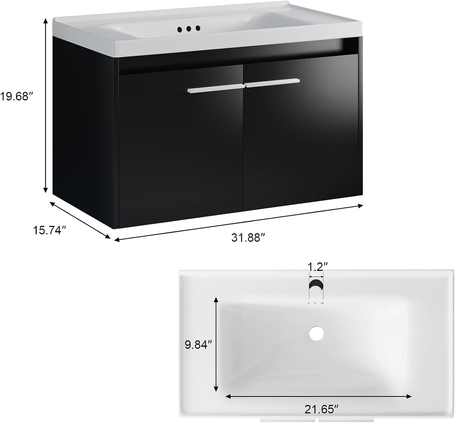 4Ever2Buy 31″ Black Floating Vanity w/ Sink LED Light 2 Doors