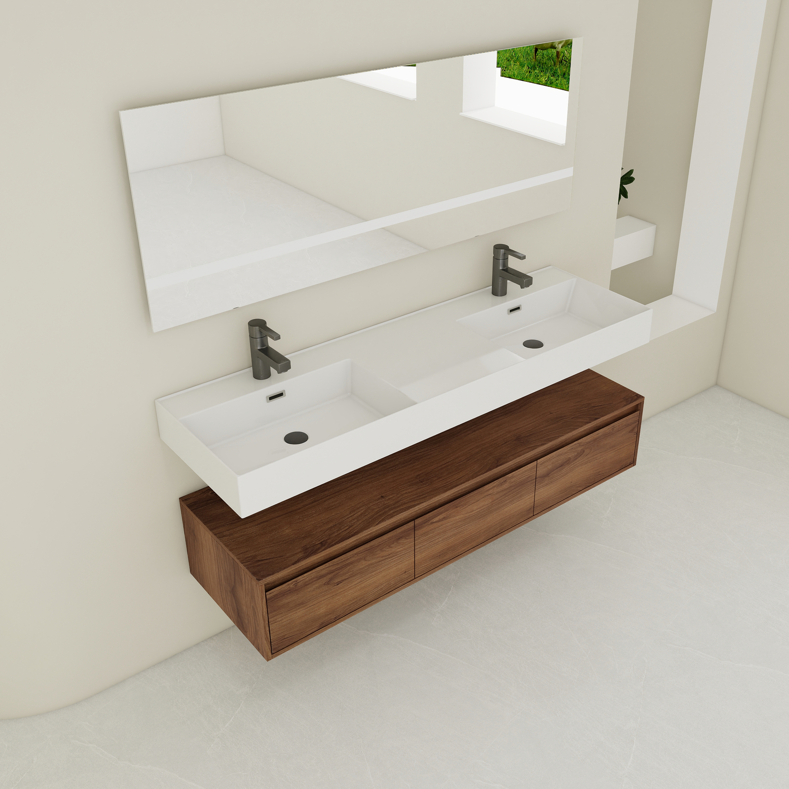 60 in Wooden Floating Wall-Mounted Bathroom Vanity W/Double Resin Sink Drawers