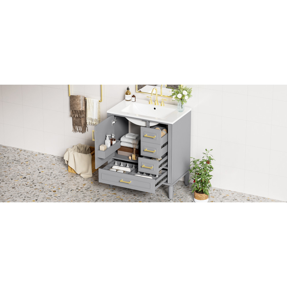 30″ Wood Bathroom Vanity Ceramic Sink Soft Close Door 3 Drawers Storage Cabinet