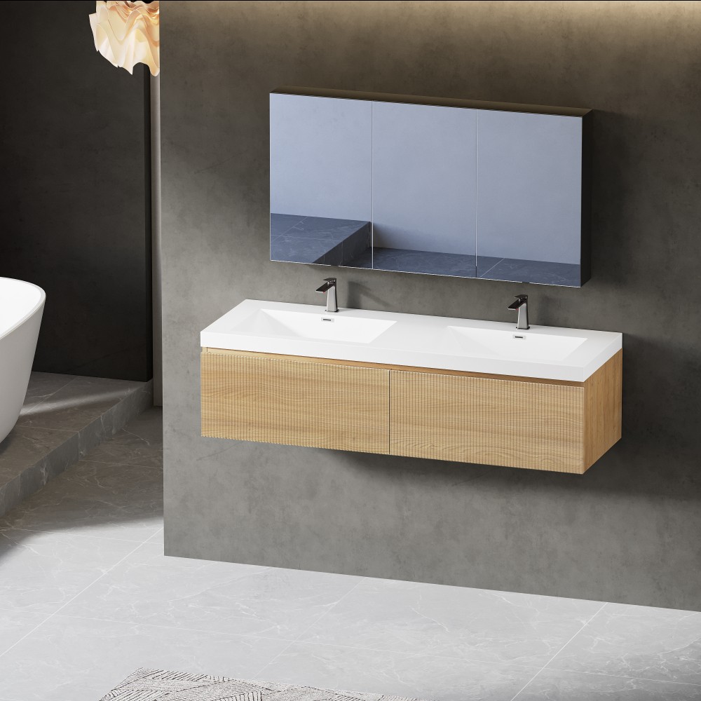 60 Floating Vanity with Sink, Soft Close Drawers, Oak Finish, Assembled