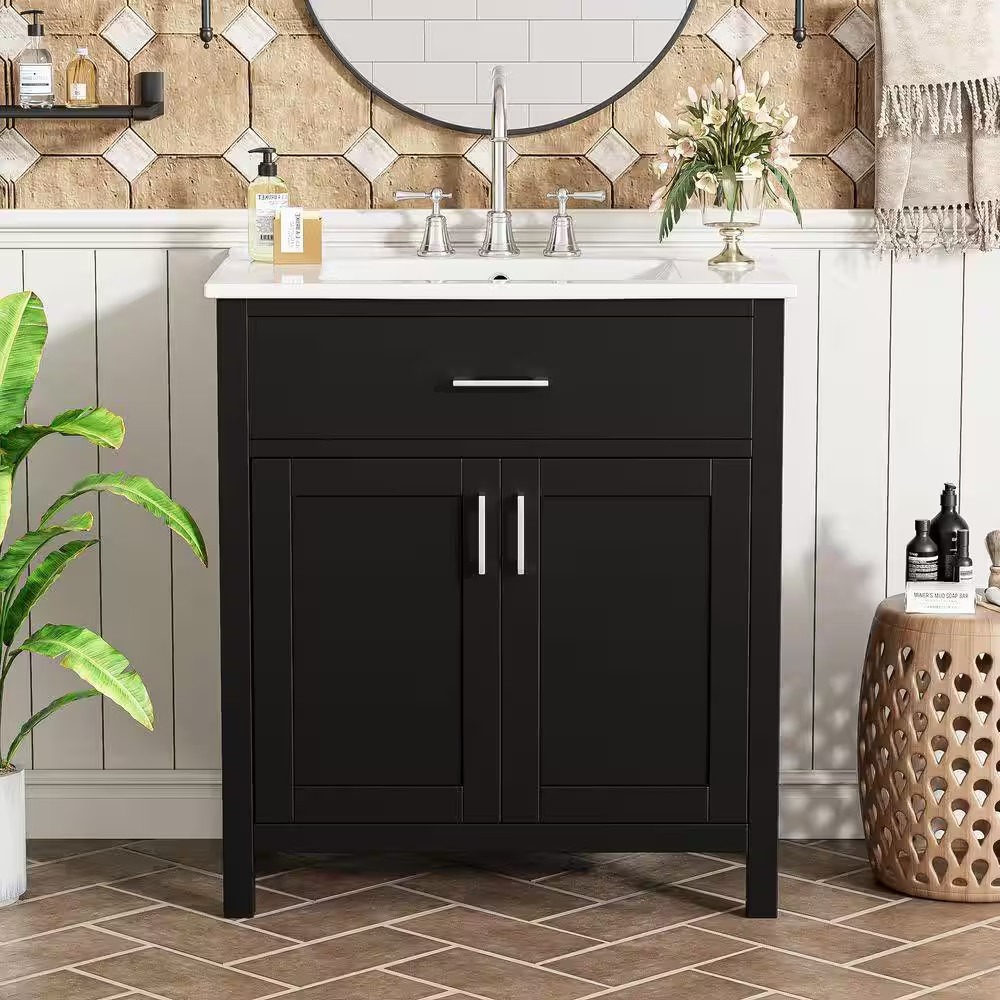 30 In. W Single Sink Freestanding Black Solid Wood Frame Bath Vanity with White