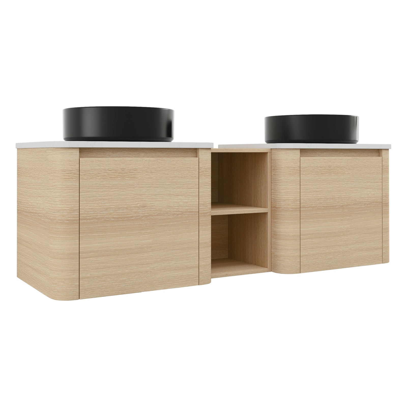 60 in Floating Bathroom Vanity Cabinet 2x Black Ceramic Sink Basin +Open Shelves