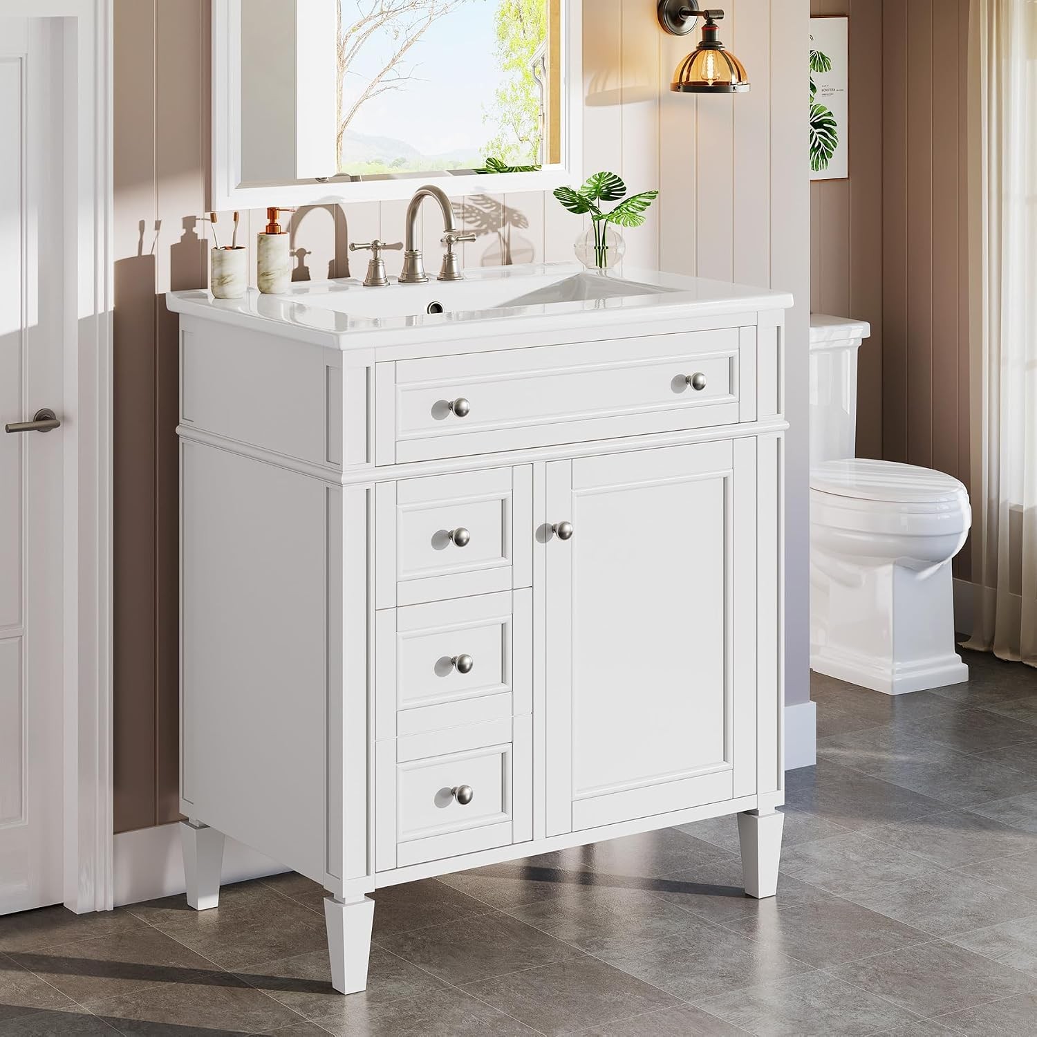 30″ Bathroom Vanity w/Ceramic Sink, 3 Drawers, Freestanding Bath Vanity Cabinet