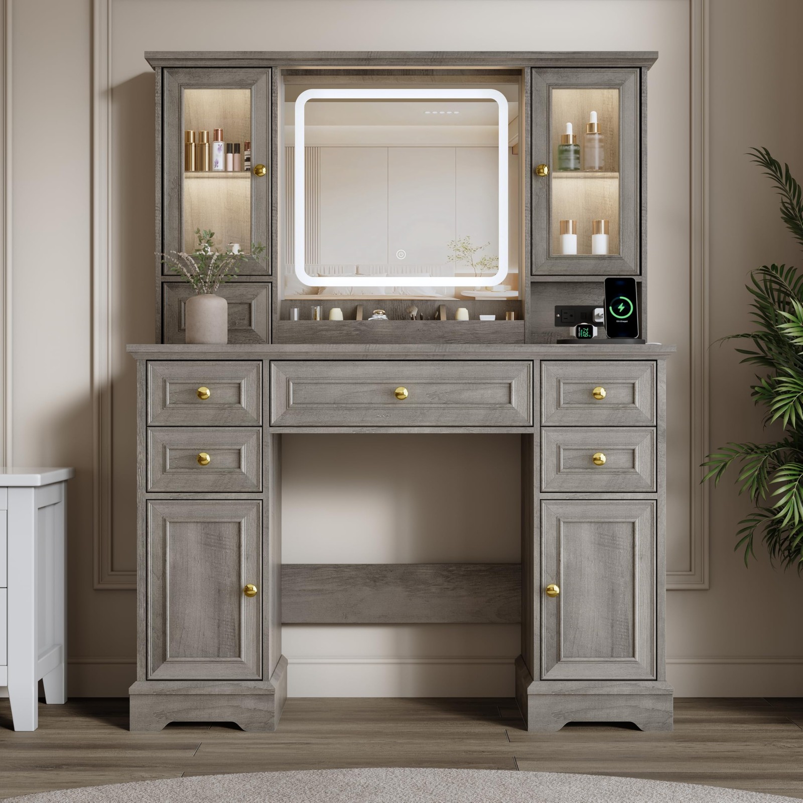 Farmhouse Vanity Desk with Power Outlet USB Ports 6 Drawers RGB Dimmable Mirror