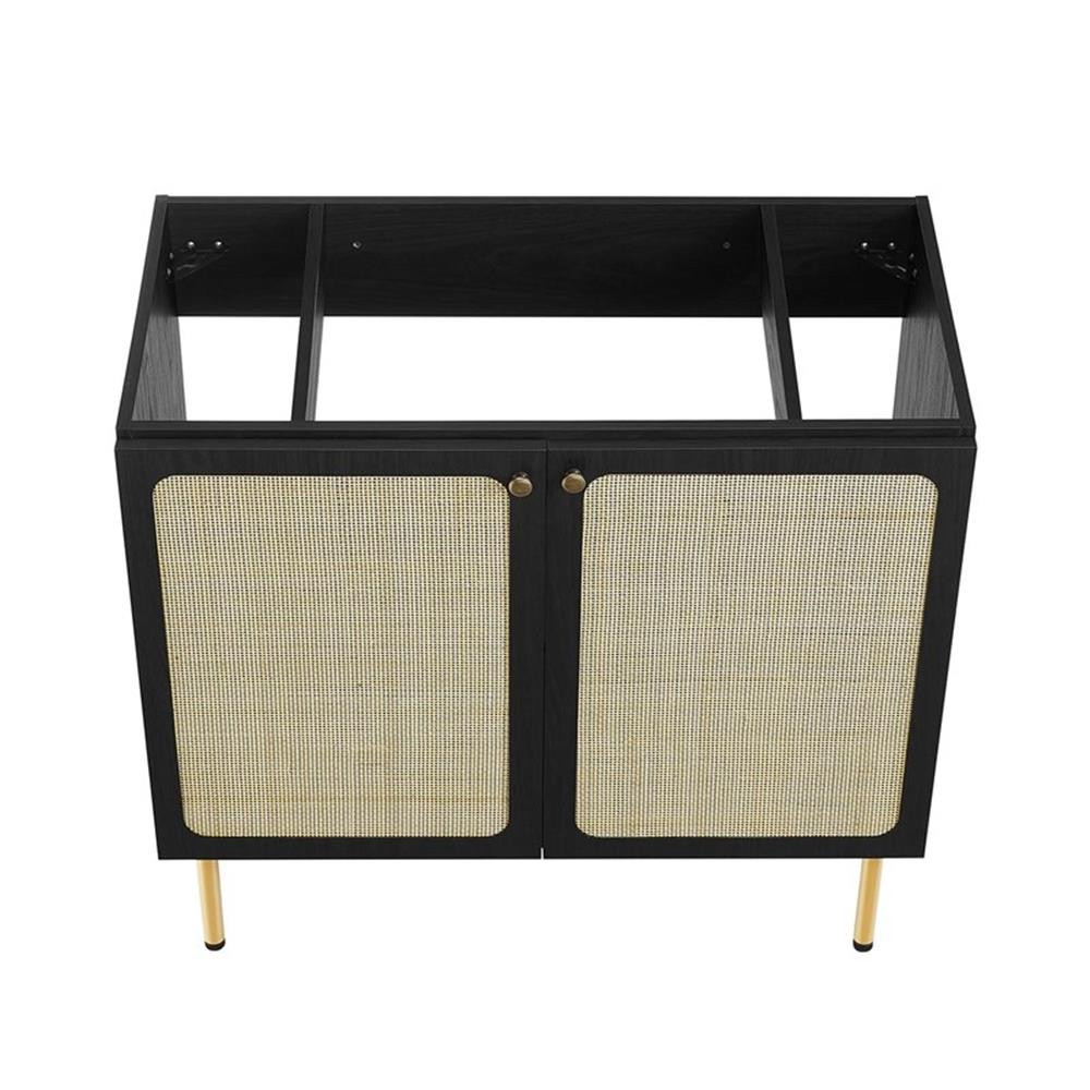 Modway Chaucer 36″ Wood & Rattan Bathroom Vanity Cabinet in Black