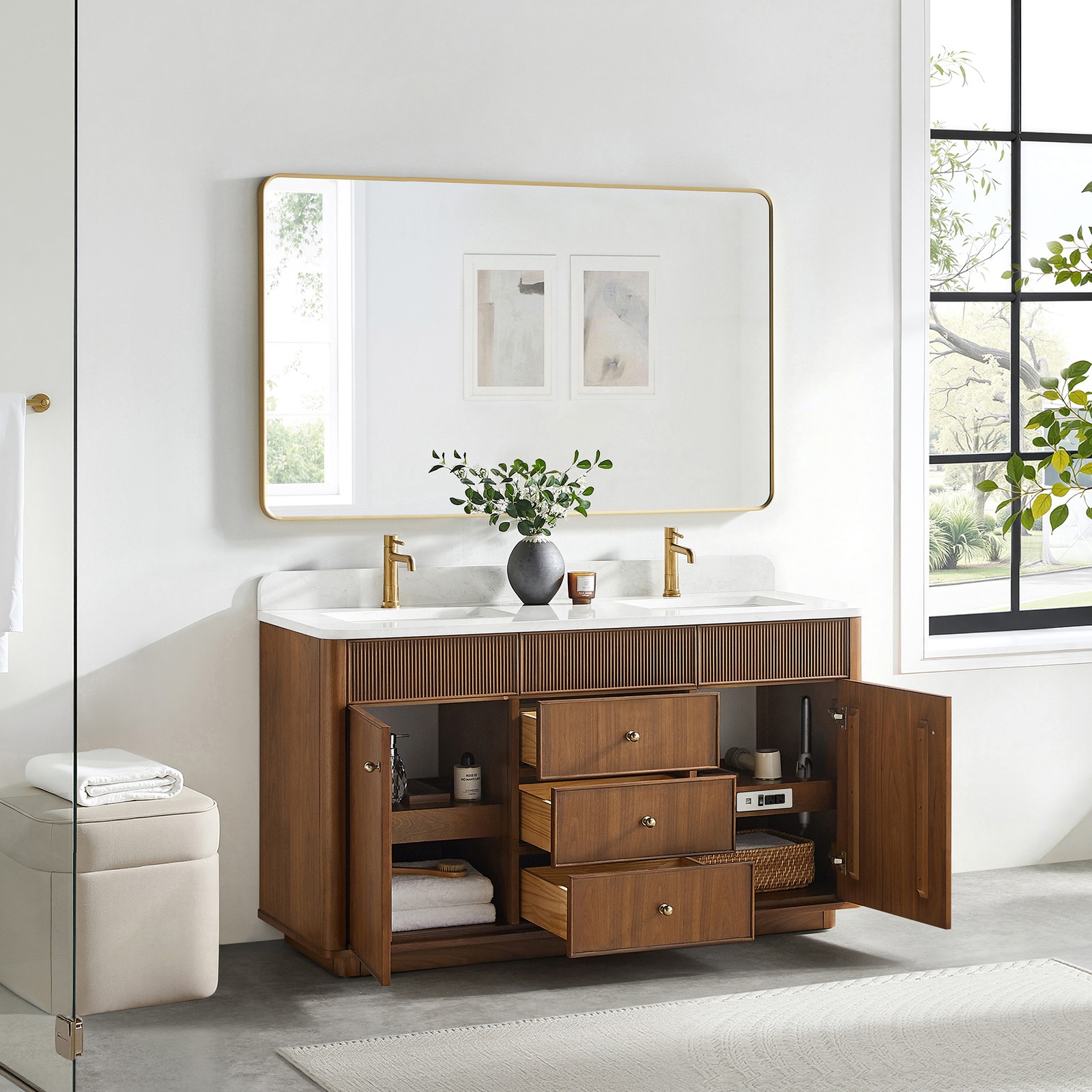 Zogno 60″ Double Sink Bath Vanity in Natural Walnut with White Grain Stone Top