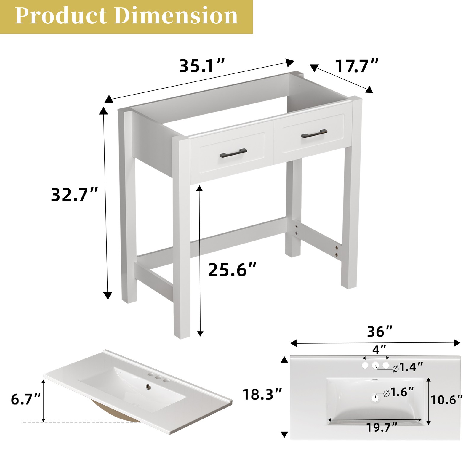 36″ Bathroom Vanity w/ a Tip-out Drawer & Ceramic Sink ADA Compliant for Elderly