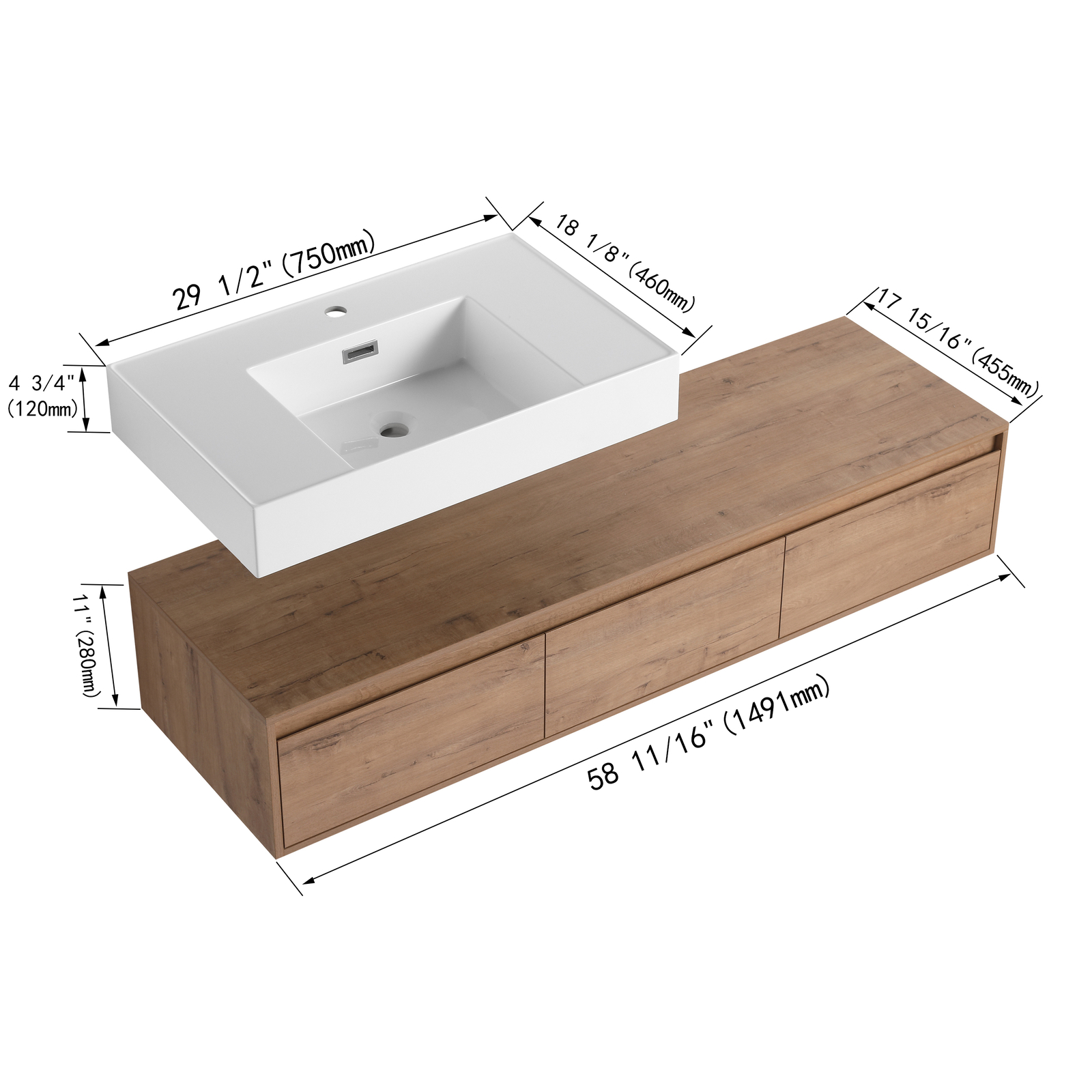 60″ Wood Wall Mount Bathroom Vanity Resin Sink Floating Vanity Sink Vessel Sink
