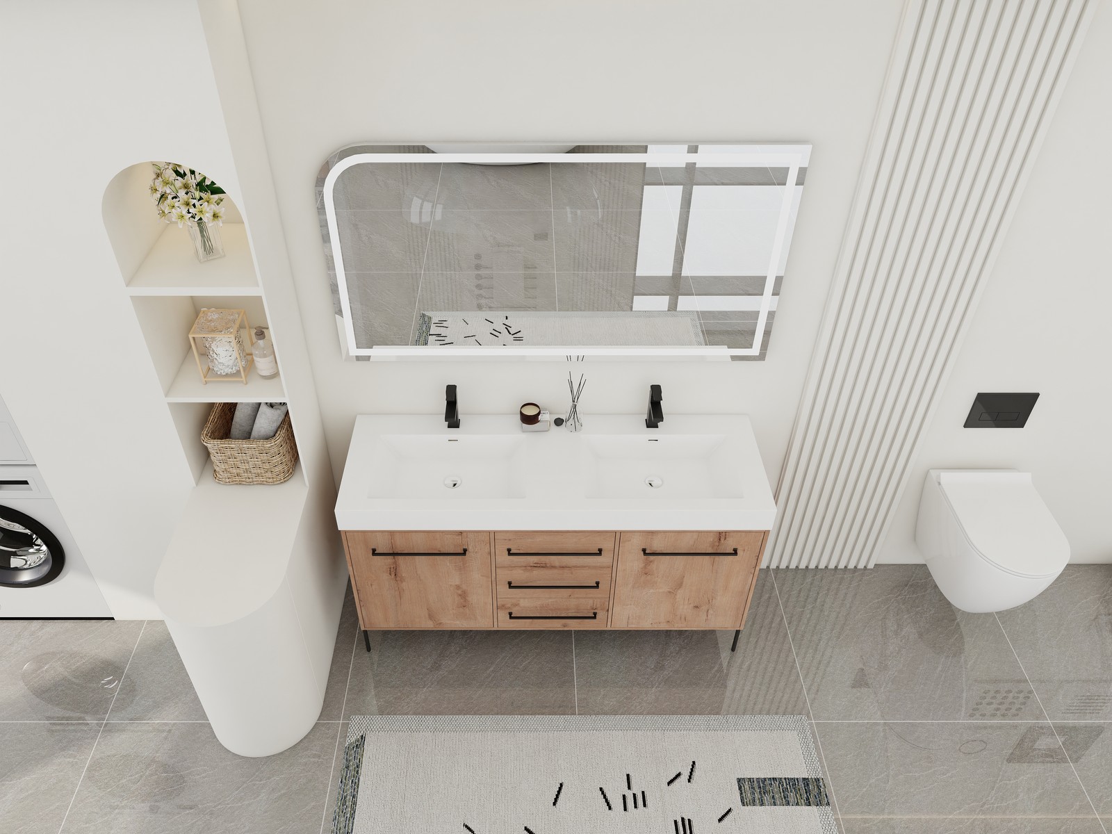 60 in Freestanding Bathroom Vanity White Double Resin Sink 2 Doors 3 Drawers