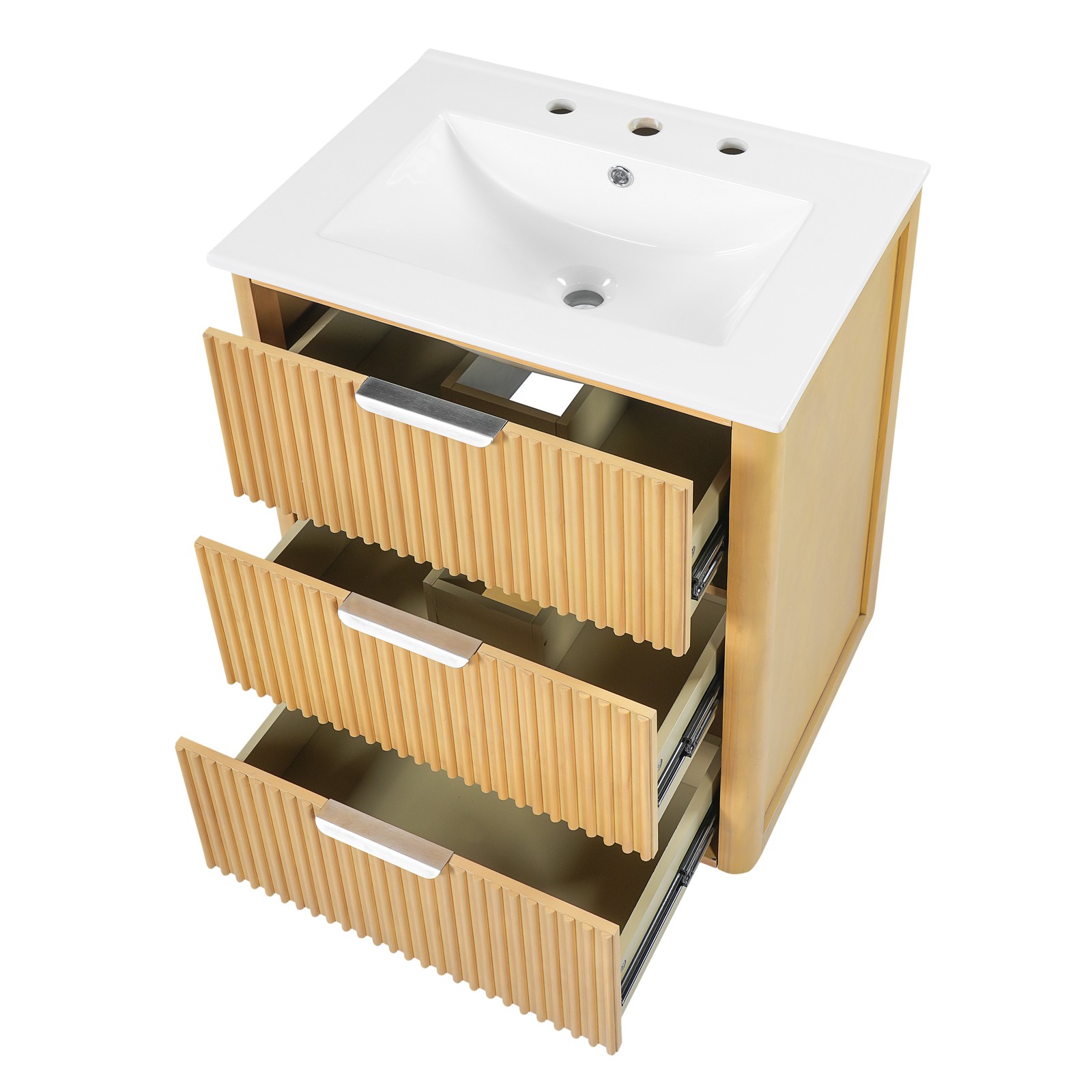 24 Inch Bathroom Vanity with Ceramic Sink, Natural Wood & Metal