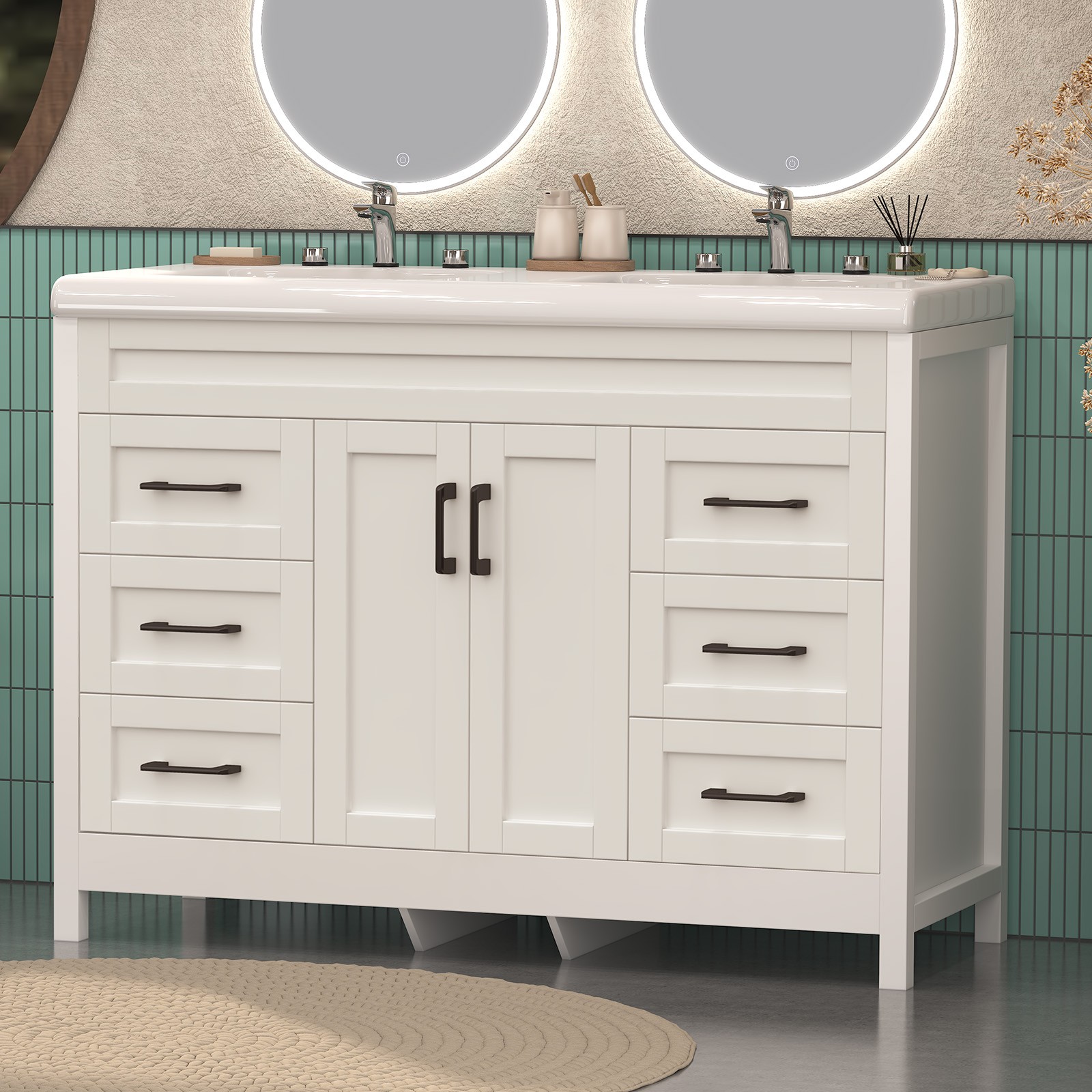 47″ Bathroom Double Sink Vanity Cabinet Ceramic Vessel Sink 6-Drawer Cabinet