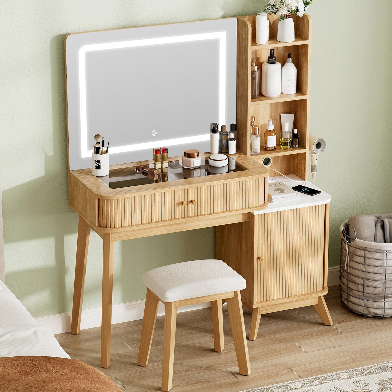 Fluted Makeup Vanity Desk Mirror Lights Glass Top Sliding Door Power Outlets