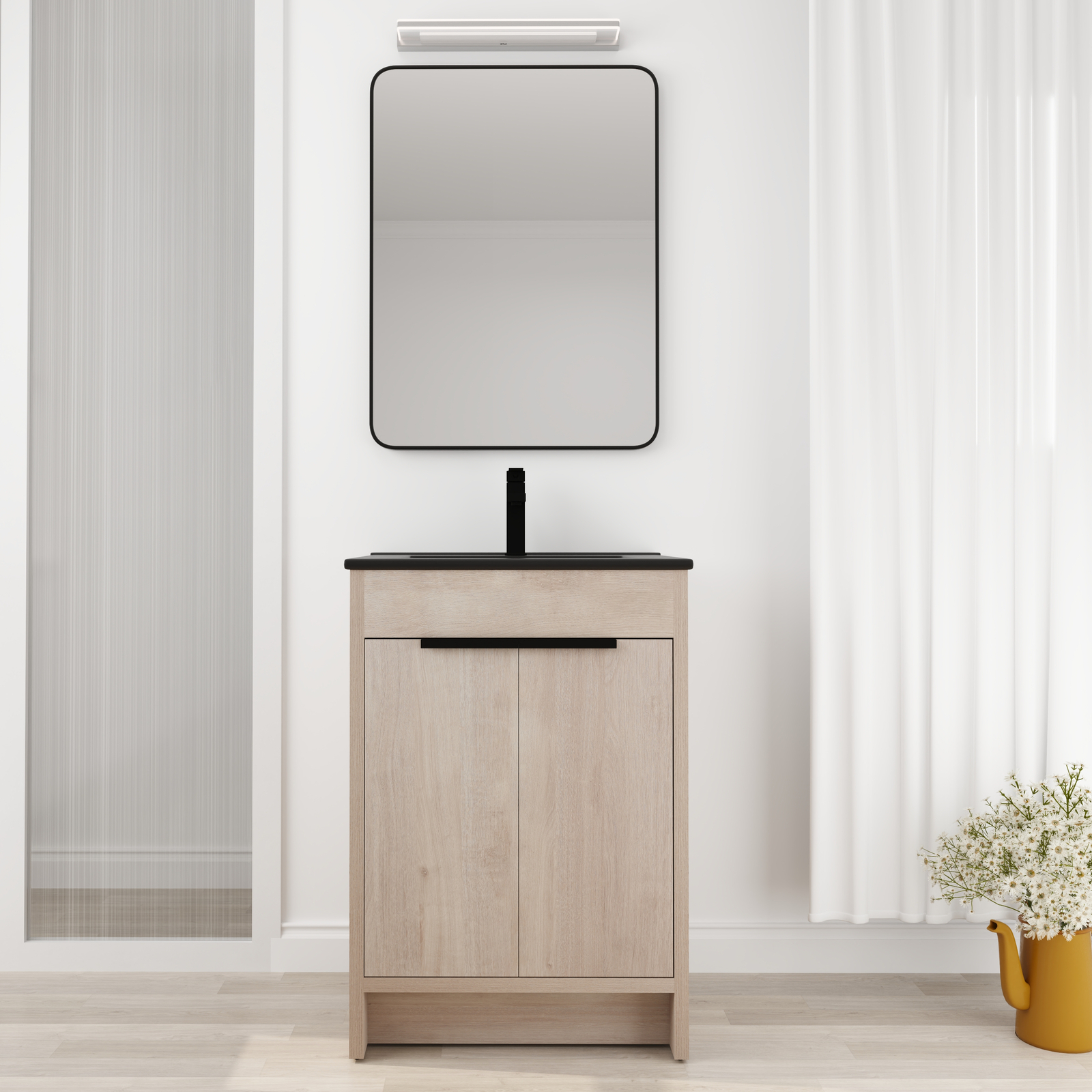 24″Wooden Floor Free Standing Bathroom Vanity Black Sink Cabinet For Small Space