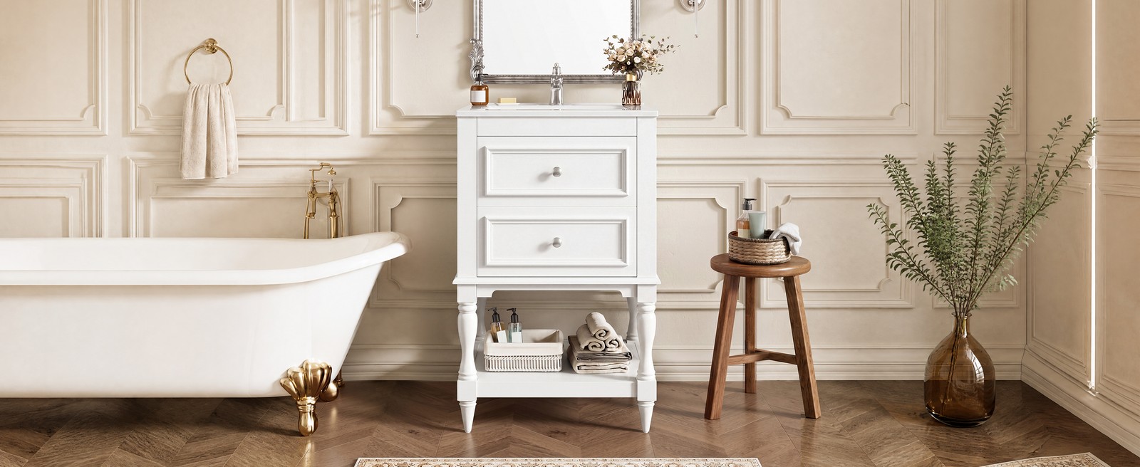 20″ Bathroom Vanity with Ceramic Sink, 2 Drawers & Open Shelf, Retro Design