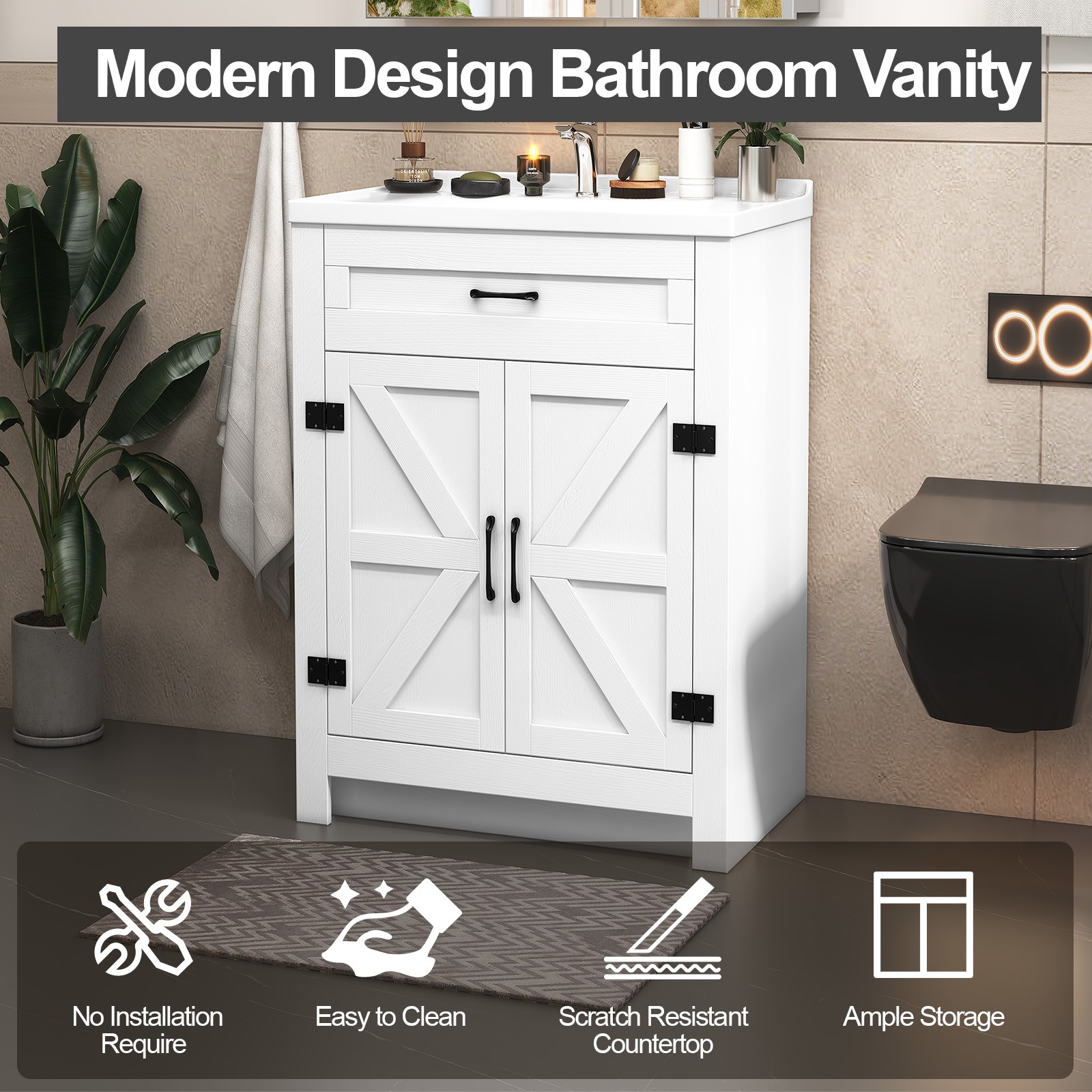 23″ Bathroom Vanity w/Ceramic Sink Modern Freestanding Vanity Cabinet w/2 Doors