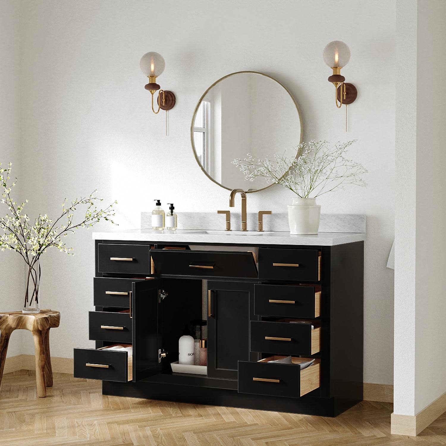 Ariel T055SCWRVO Hepburn 55″ – Black / Italian Carrara Marble Top / Satin Brass