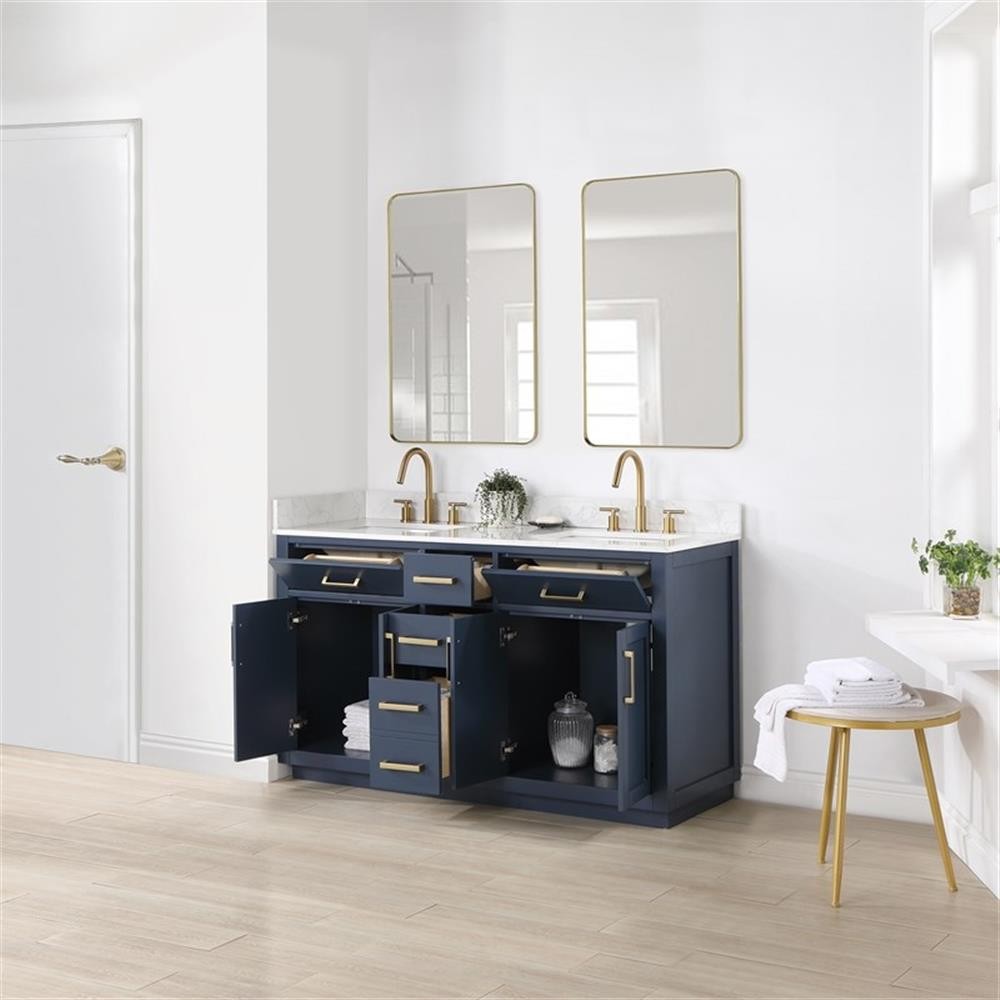 Gavino 60″ Wood Vanity in Royal Blue with Composite Stone Top and Mirror