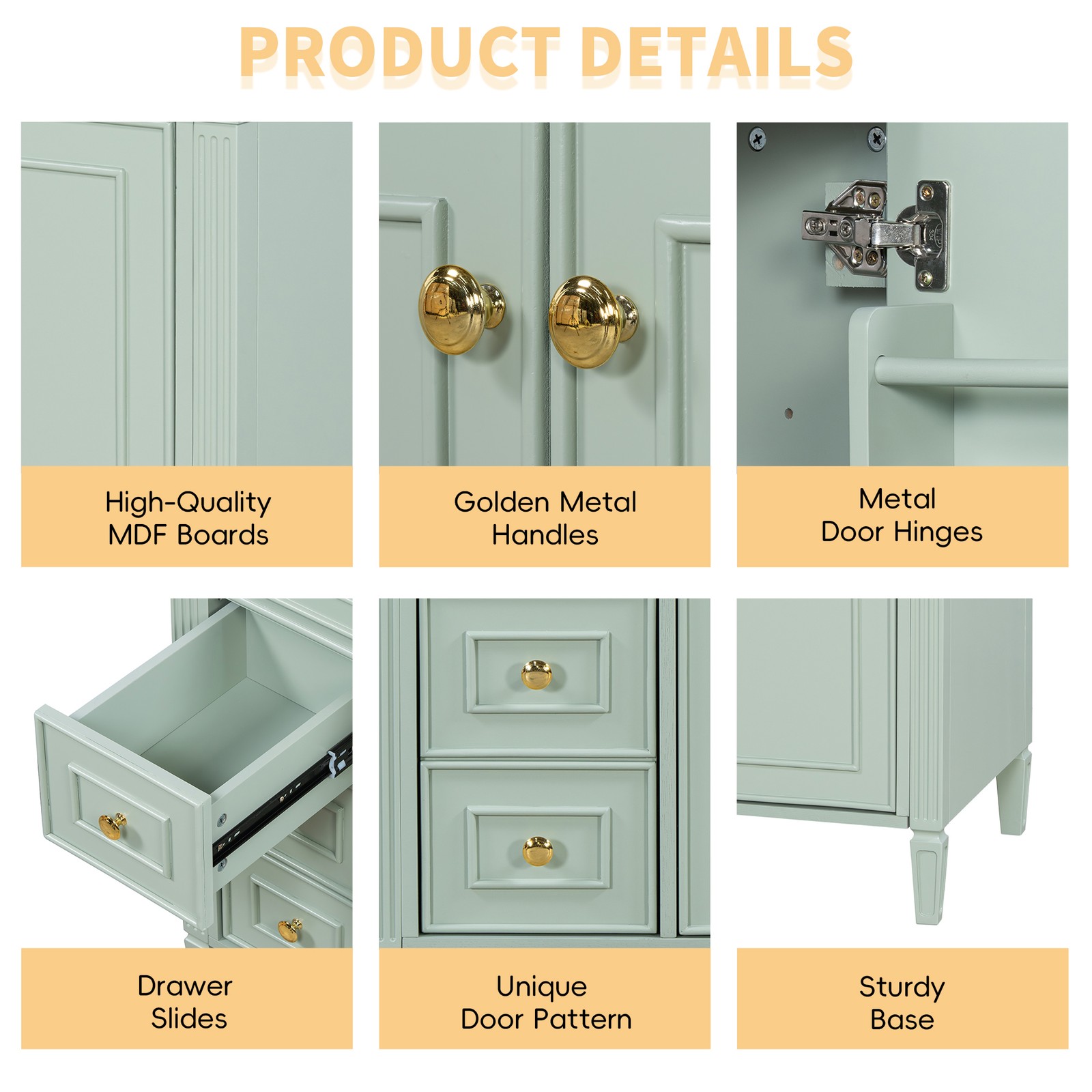 36in Green Bathroom Vanity with Tilt-Out Drawer & Gold Handles