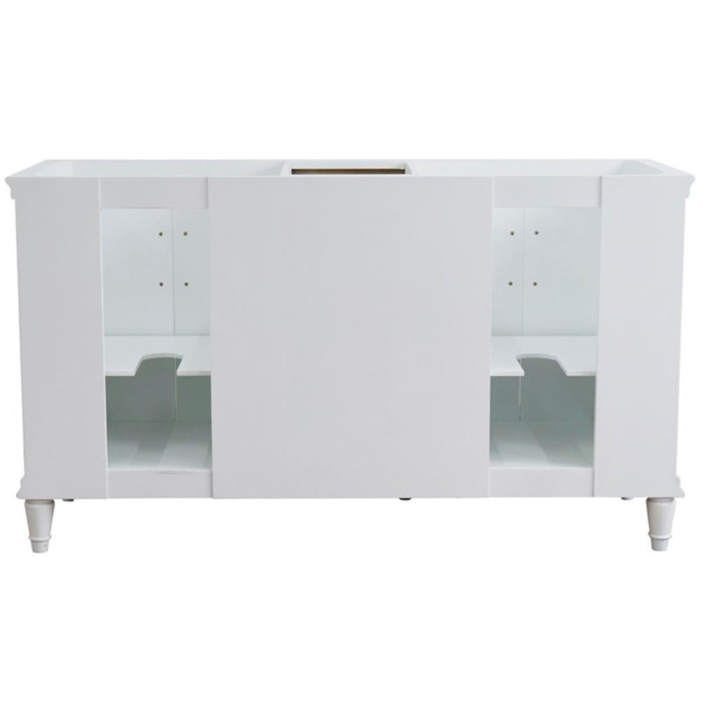 61 in. Double Wooden Vanity White White Carrara Marble Round Sink