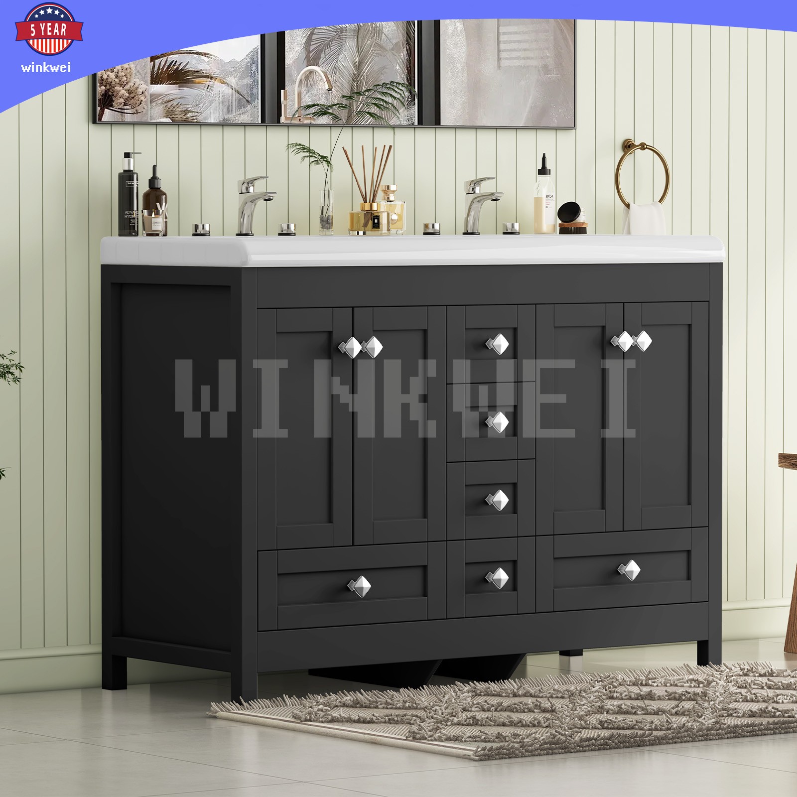 47.3″ Bathroom Vanity Cabinet w/ Double Ceramic Sinks ,2 Doors, 6 Drawers Black