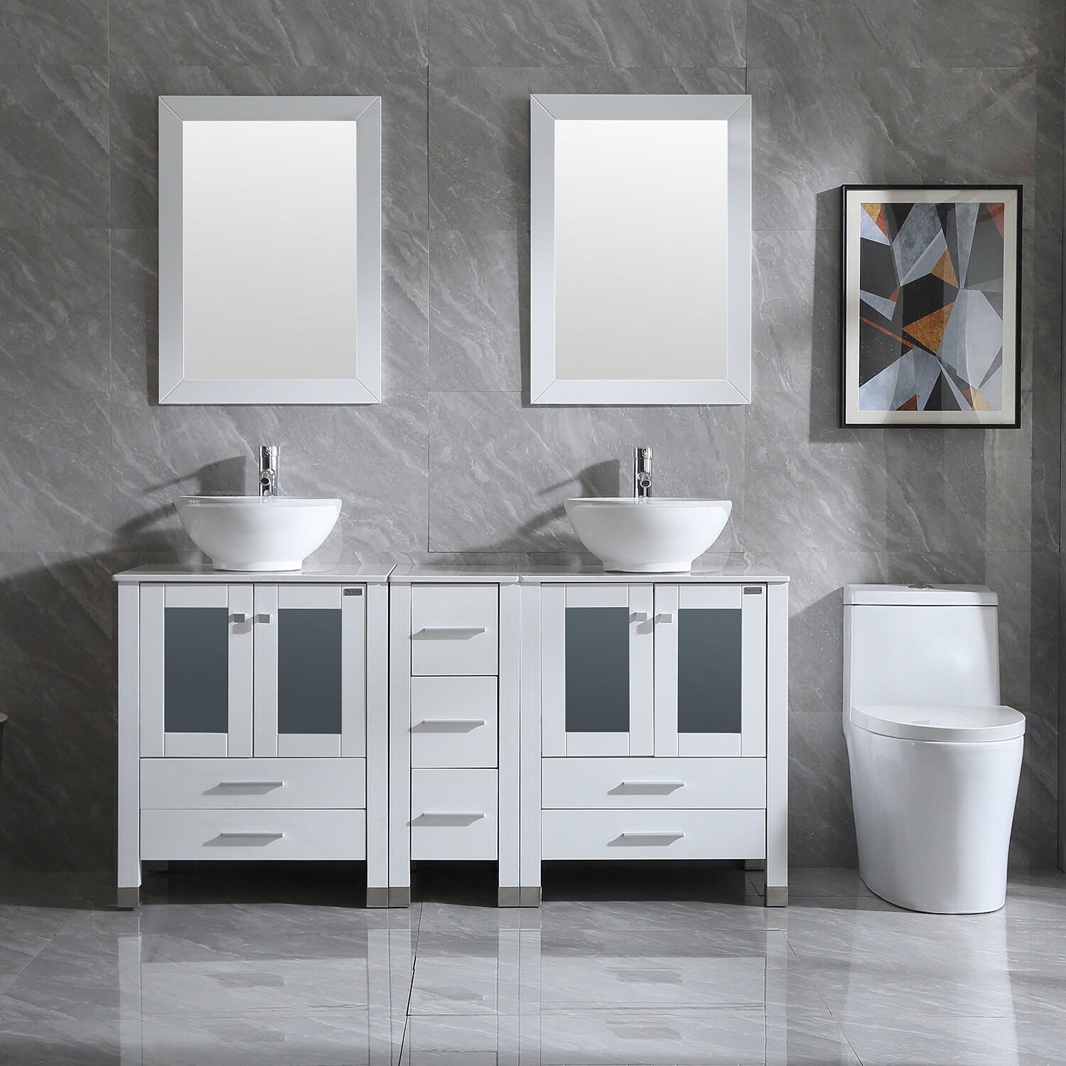 60″ Bathroom Vanities White Drawer Cabinet Ceramic Vessel Sinks w/ Faucet Combo