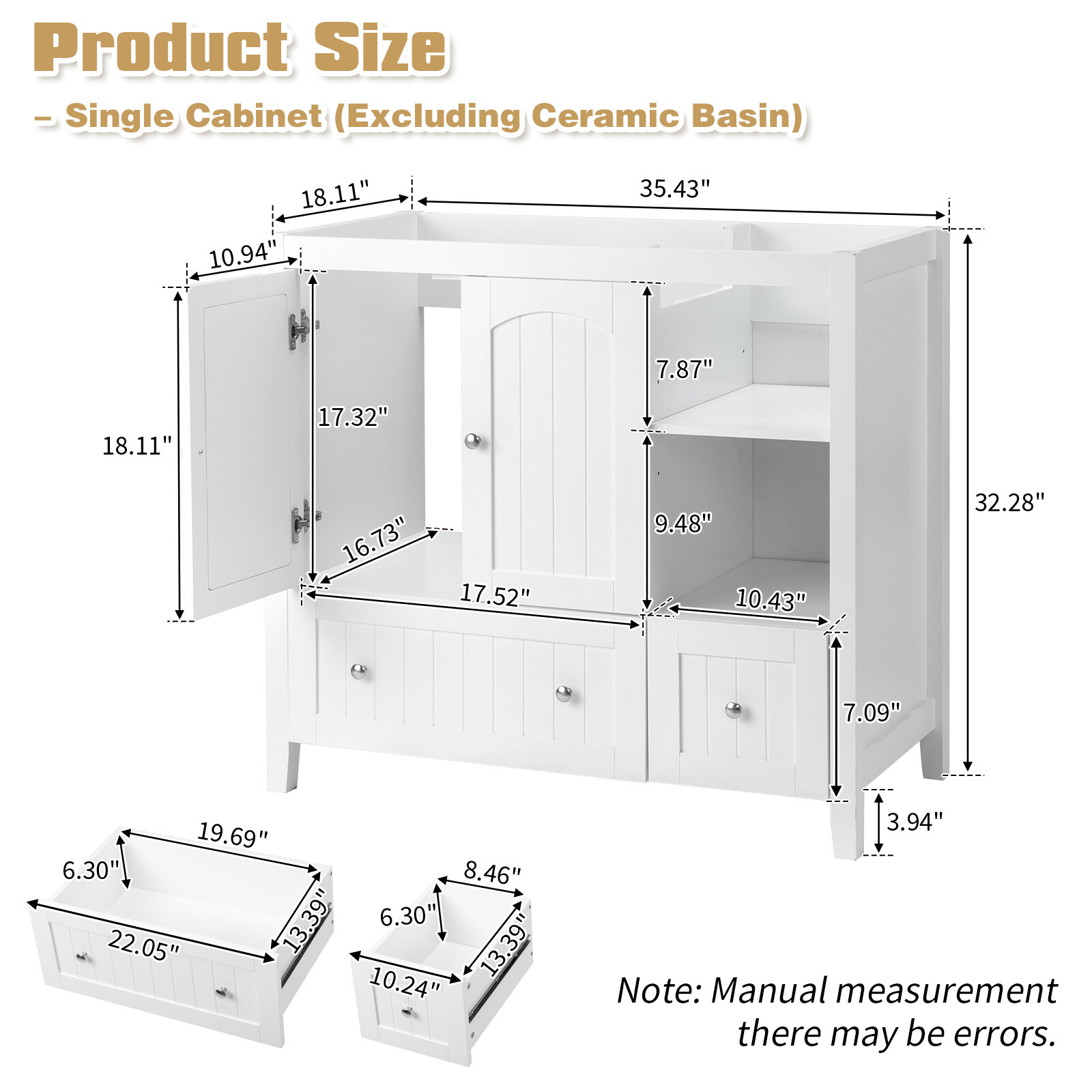 36 inch Bathroom Vanity without Sink Wood Storage Cabinet w/ 2 Doors & 2 Drawers