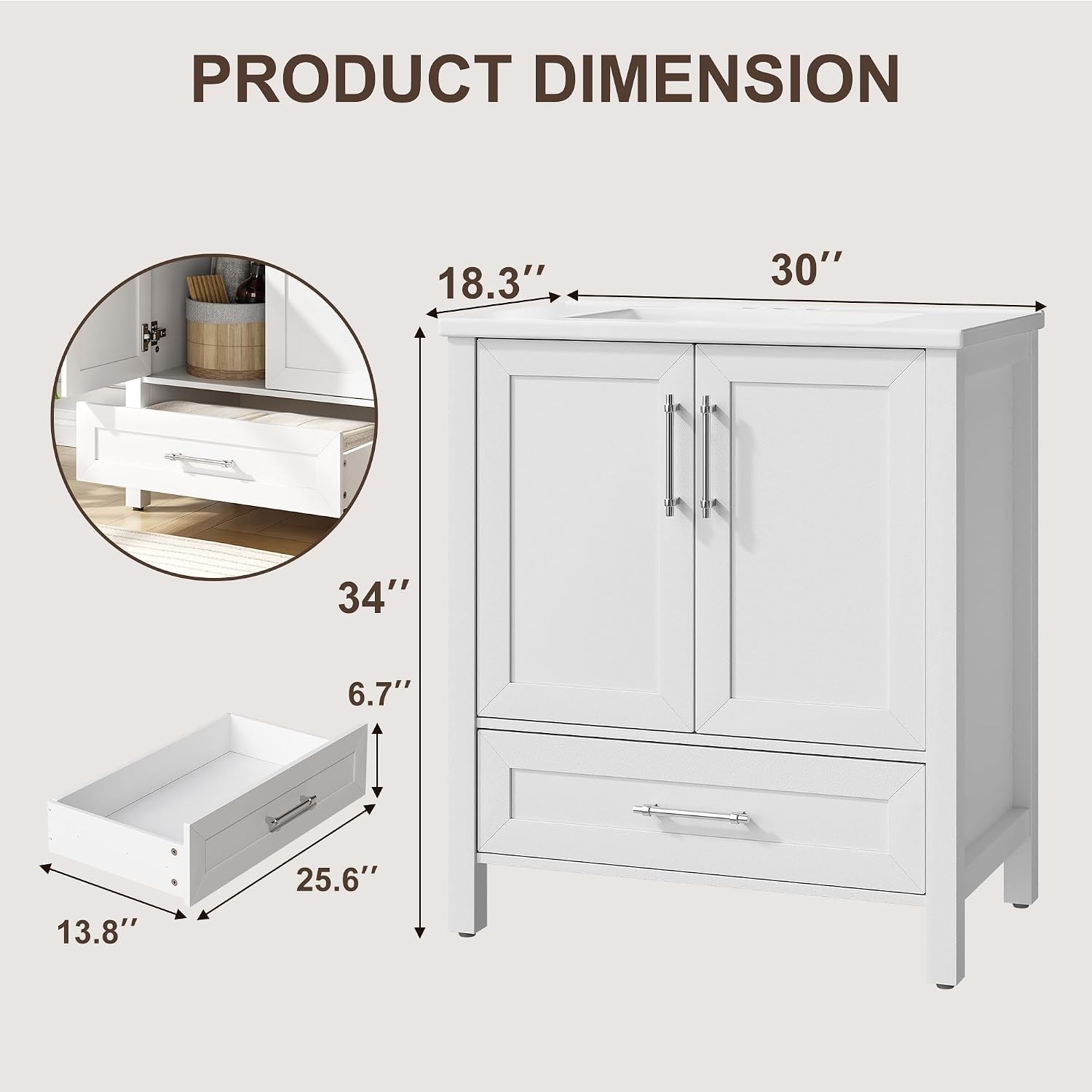 30” Freestanding Bathroom Vanity Modern Bath Storage Cabinet White with Drawer