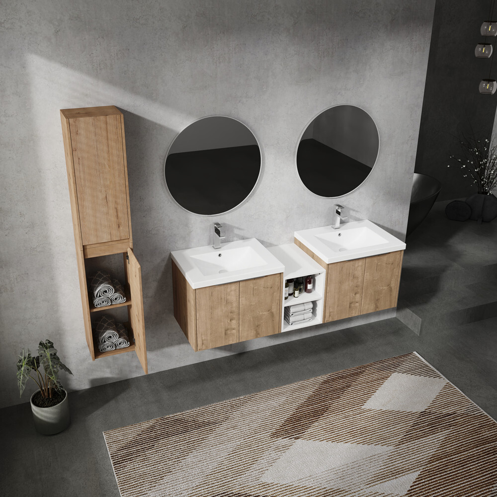 60″ 72″ 84″ Wall Mounted Bathroom Vanity w/Sink, Floating Cabinet Storage Rack