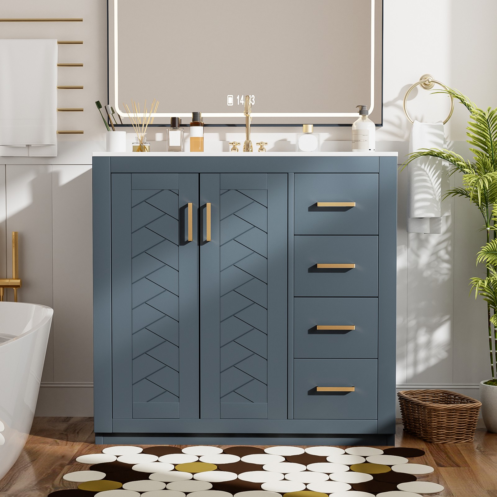 36″ Bathroom Vanity with Ceramic Sink, Solid Wood Frame, 3 Drawers & Doors
