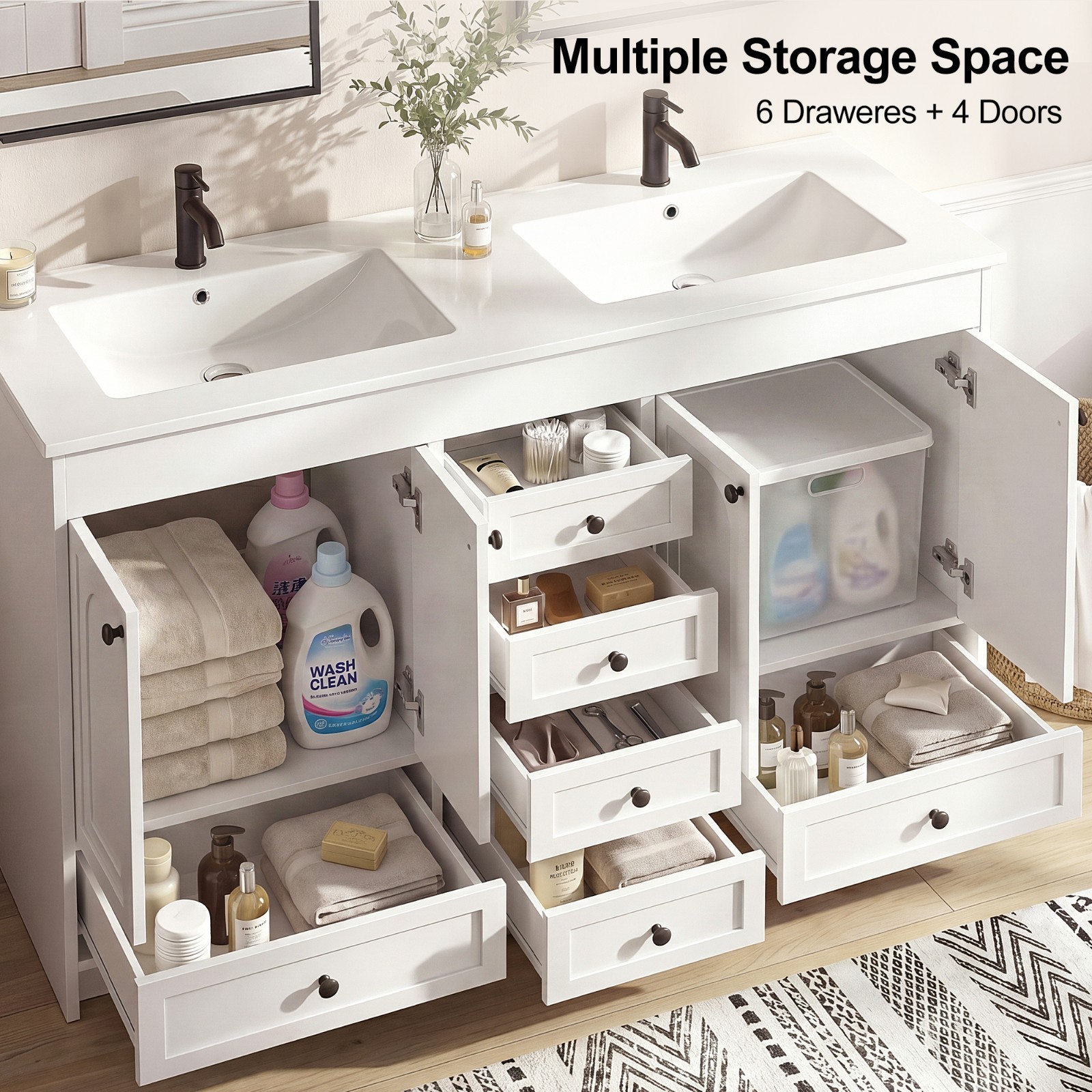 48” Bathroom Vanity Cabinet with Double Sink Ceramic Basin Vanity Freestanding