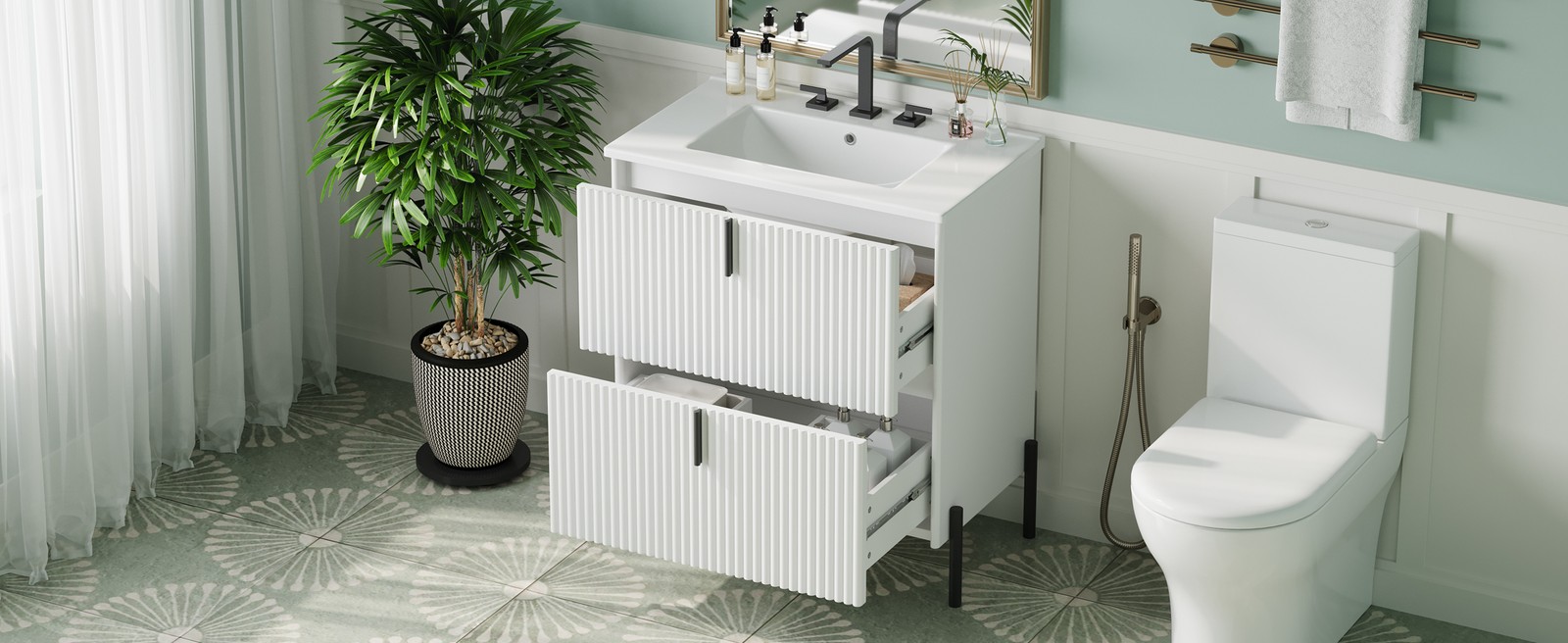 30″ White Bathroom Vanity with Ceramic Sink & Soft Close Drawers