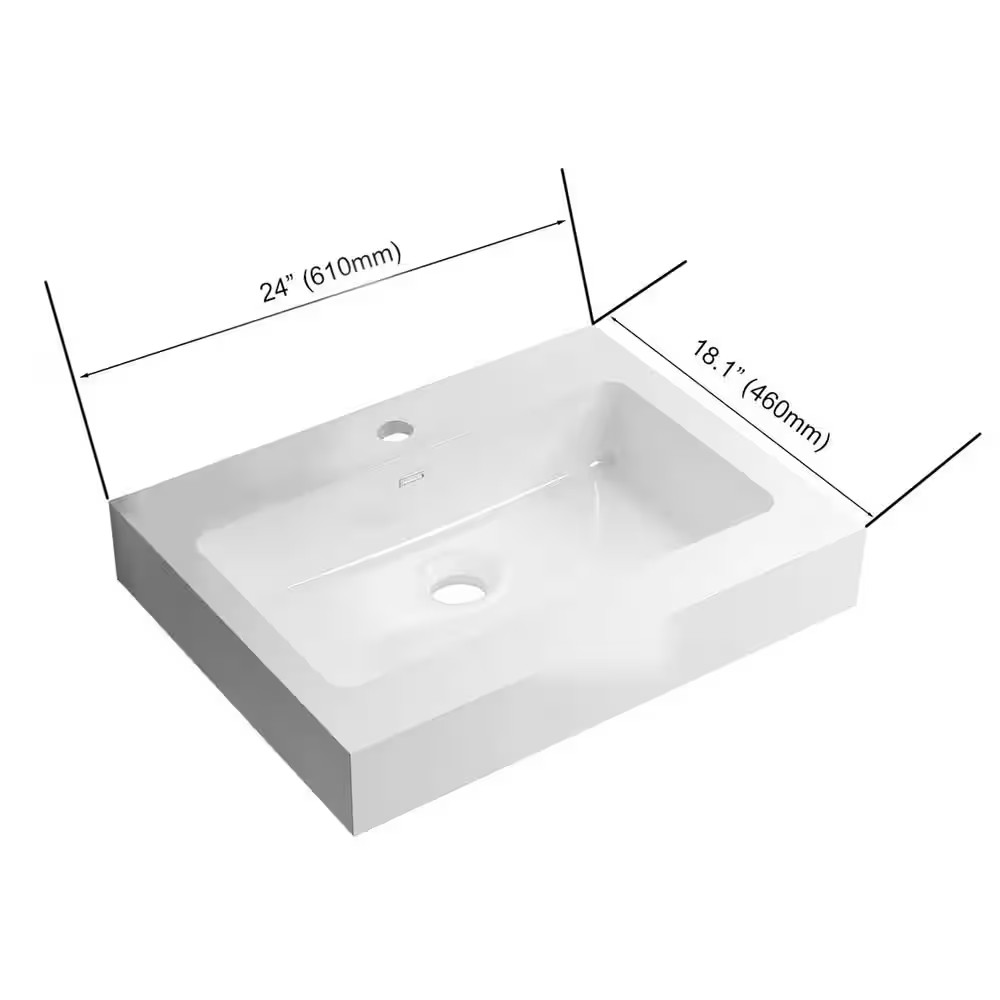 24 In. Drop-In Rectangular Bathroom Sink in White Solid Surface Vanity Top