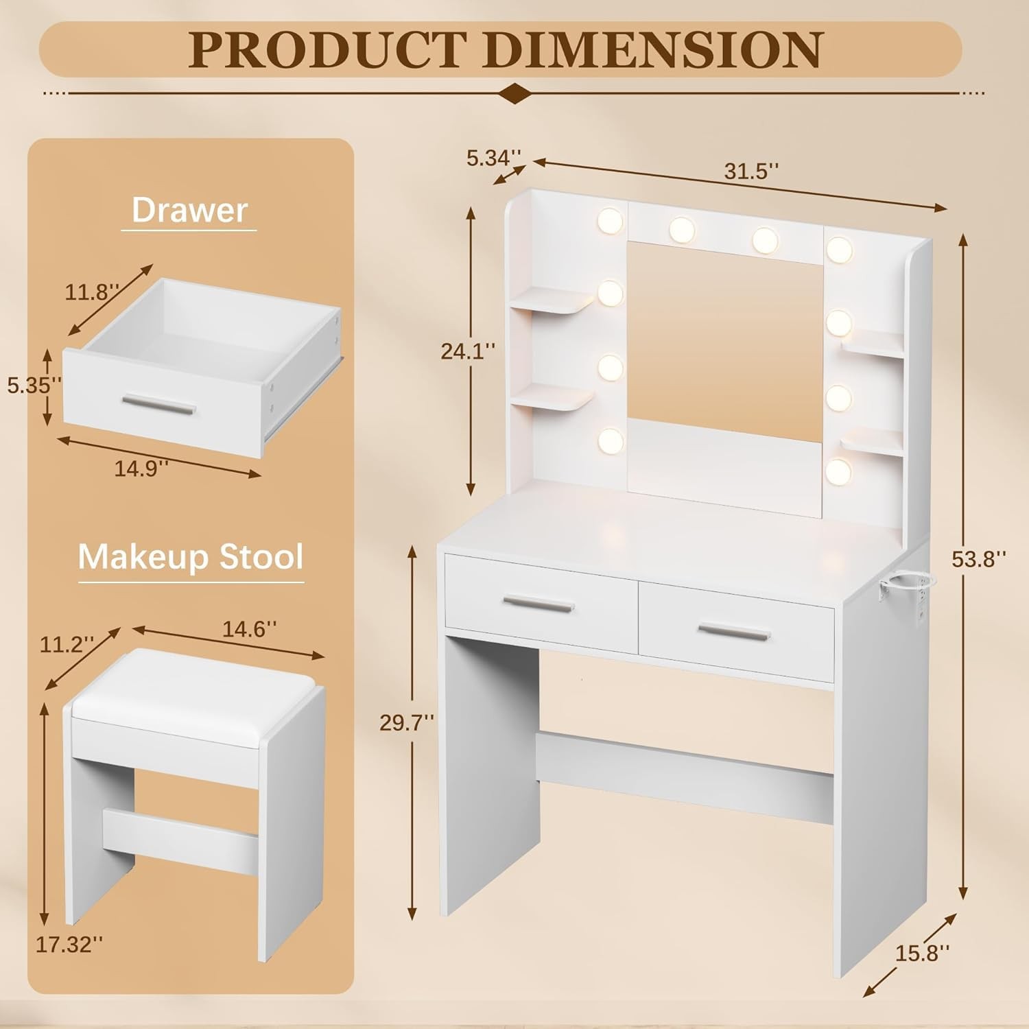 White Vanity w/ Mirror Power Outlet 3 Color Dimmable LED 2-Drawer 6-Shelf Bench